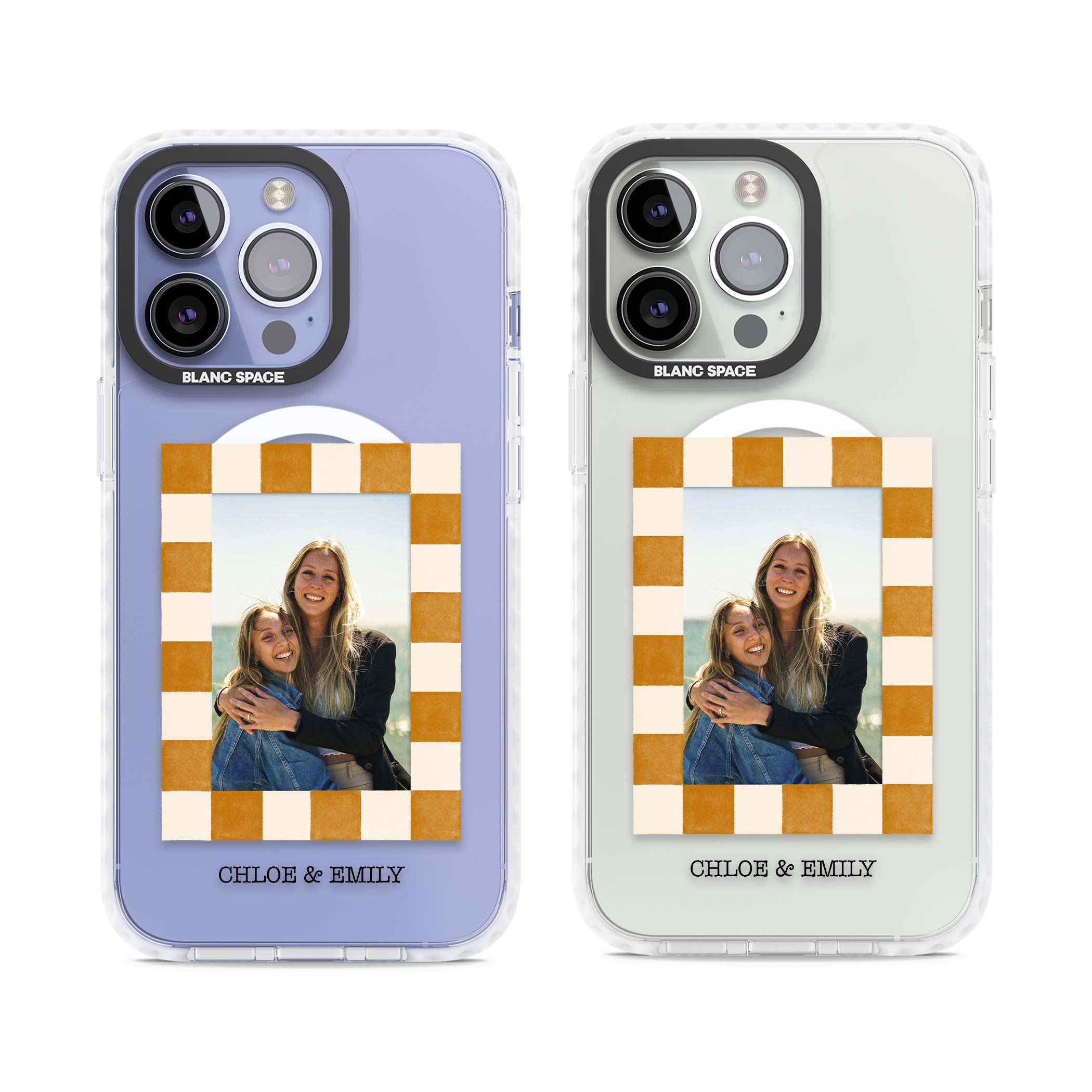 Citrus Check Photo personalised iPhone case with custom photo, orange checkered frame and names underneath | Impact Magsafe case for iPhone 13 Pro, iPhone 14 Pro, iPhone 15 Pro