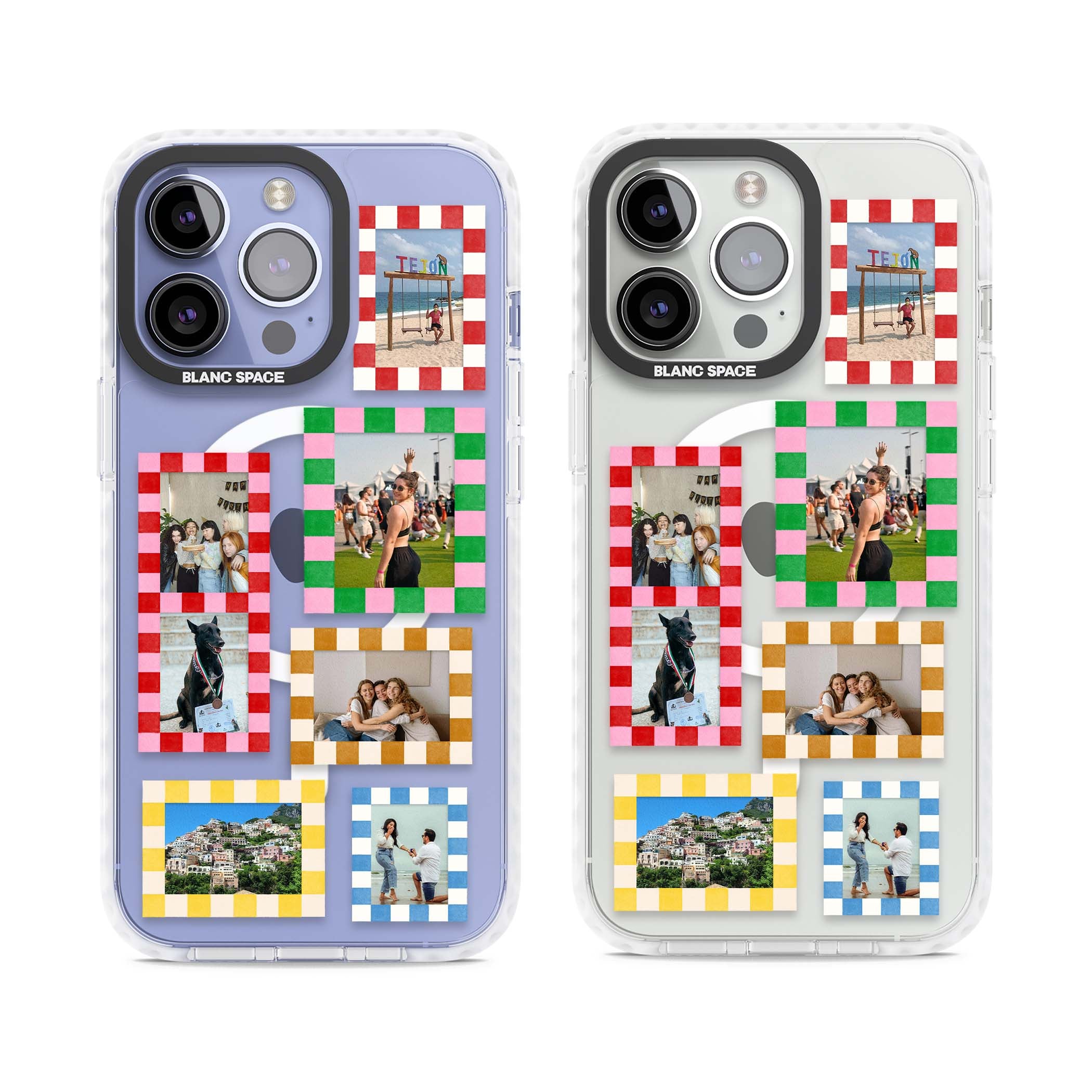 Italian Check Frames custom photo collage iPhone case featuring six checkered photo frames in red, green, pink and  | Impact Magsafe case for iPhone 13 Pro, iPhone 14 Pro, iPhone 15 Pro