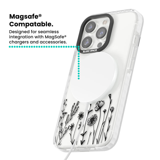 Personalised Black Wildflowers Magsafe Impact Phone Case for iPhone 13 Pro, iPhone 14 Pro, iPhone 15 Pro