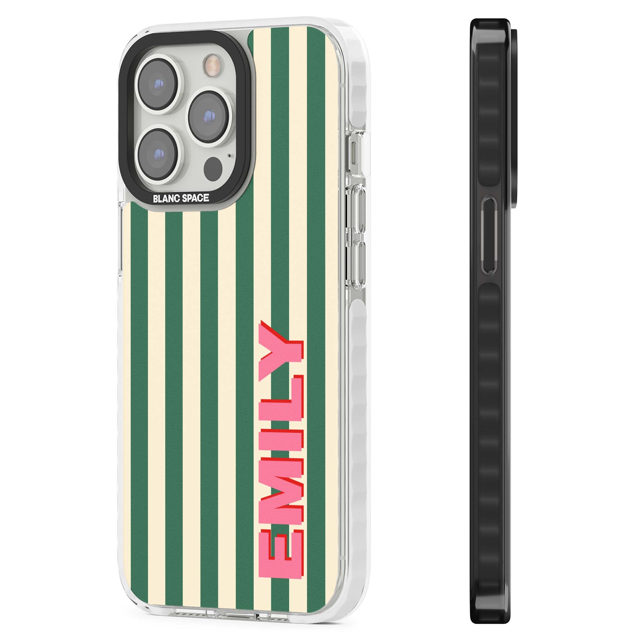 Wimbledon Stripe preppy iPhone case featuring green and cream vertical stripes with a personalised pink name | Impact Magsafe case for iPhone 13 Pro, iPhone 14 Pro, iPhone 15 Pro