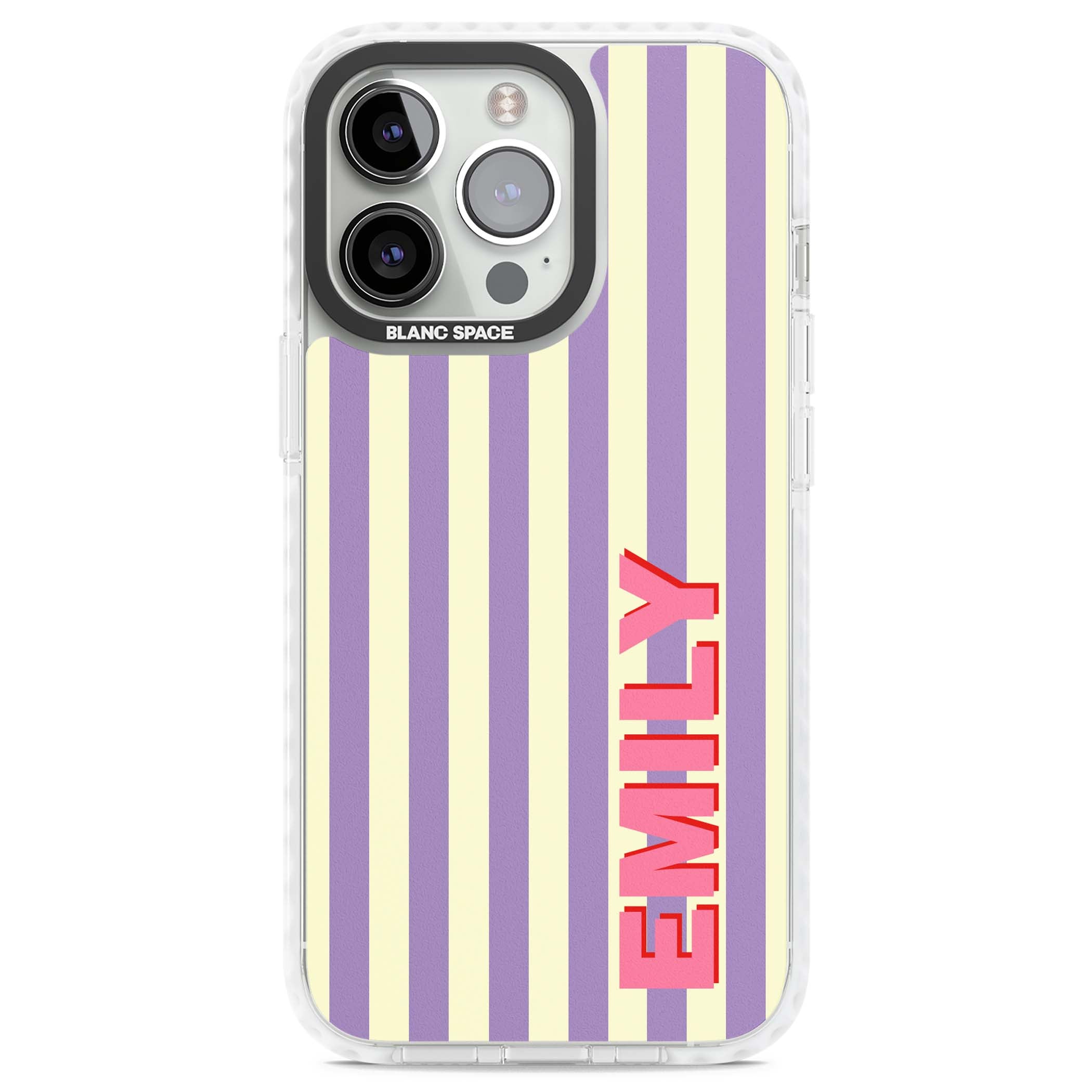 Valensole Stripe personalised iPhone case with purple and cream vertical stripes and pink custom name | Impact Magsafe case for iPhone 13 Pro, iPhone 14 Pro, iPhone 15 Pro