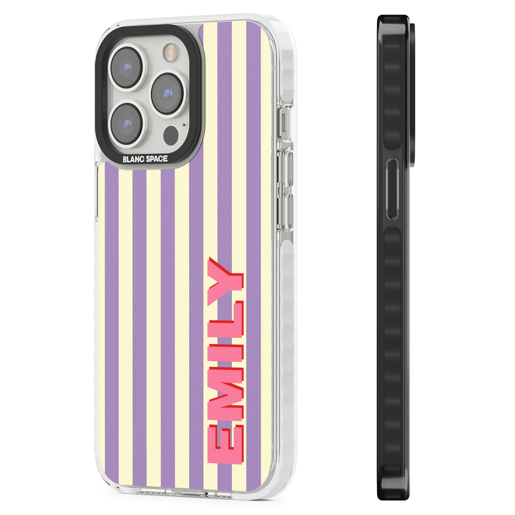 Valensole Stripe personalised iPhone case with purple and cream vertical stripes and pink custom name | Impact Magsafe case for iPhone 13 Pro, iPhone 14 Pro, iPhone 15 Pro
