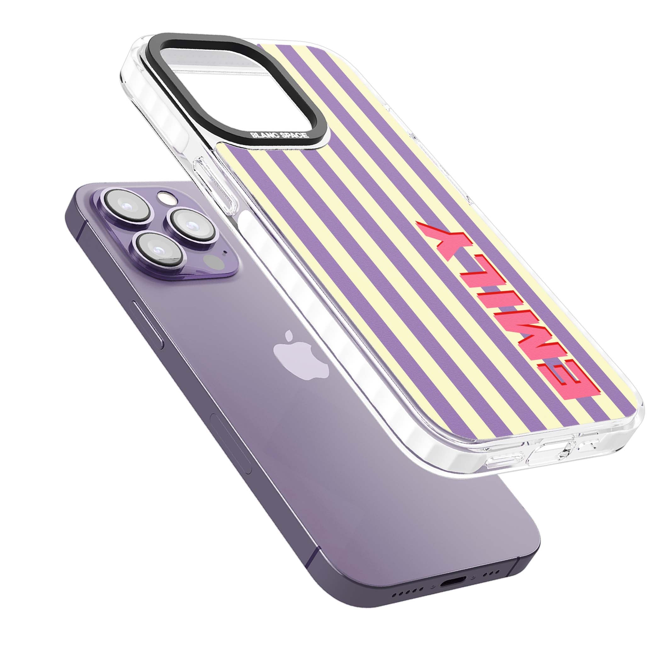 Valensole Stripe personalised iPhone case with purple and cream vertical stripes and pink custom name | Impact Magsafe case for iPhone 13 Pro, iPhone 14 Pro, iPhone 15 Pro