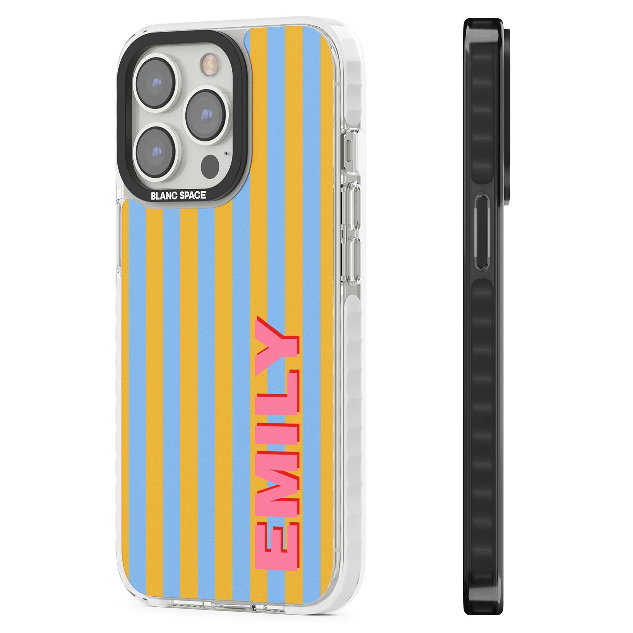 Carribean Stripe personalised coastal iPhone case with yellow and blue vertical stripes and a custom pink name | Impact Magsafe case for iPhone 13 Pro, iPhone 14 Pro, iPhone 15 Pro