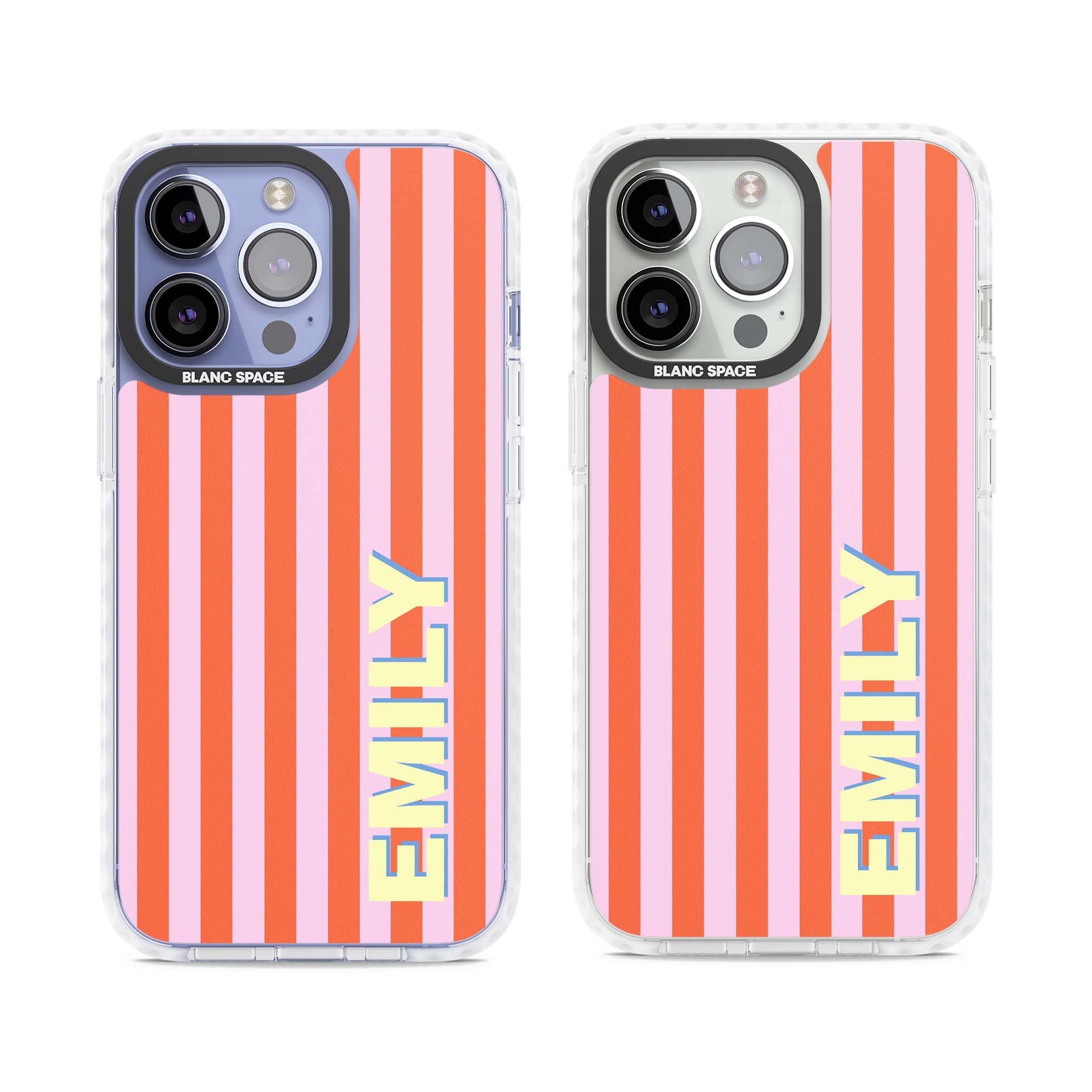 Havana Stripe personalised iPhone case featuring pink and orange vertical stripes with a custom yellow name | Impact Magsafe case for iPhone 13 Pro, iPhone 14 Pro, iPhone 15 Pro