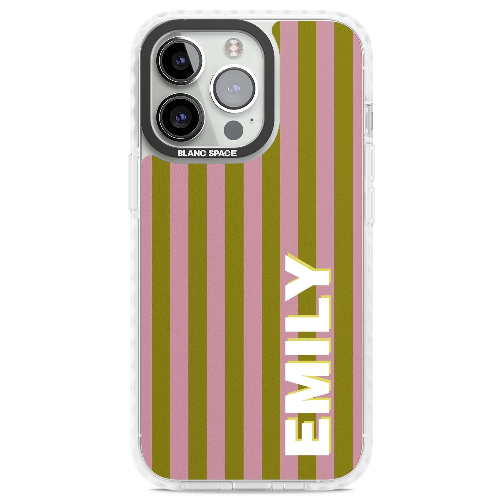 Istanbul Stripe personalised iPhone case featuring pink and olive green vertical stripes with a custom vertical name | Impact Magsafe case for iPhone 13 Pro, iPhone 14 Pro, iPhone 15 Pro