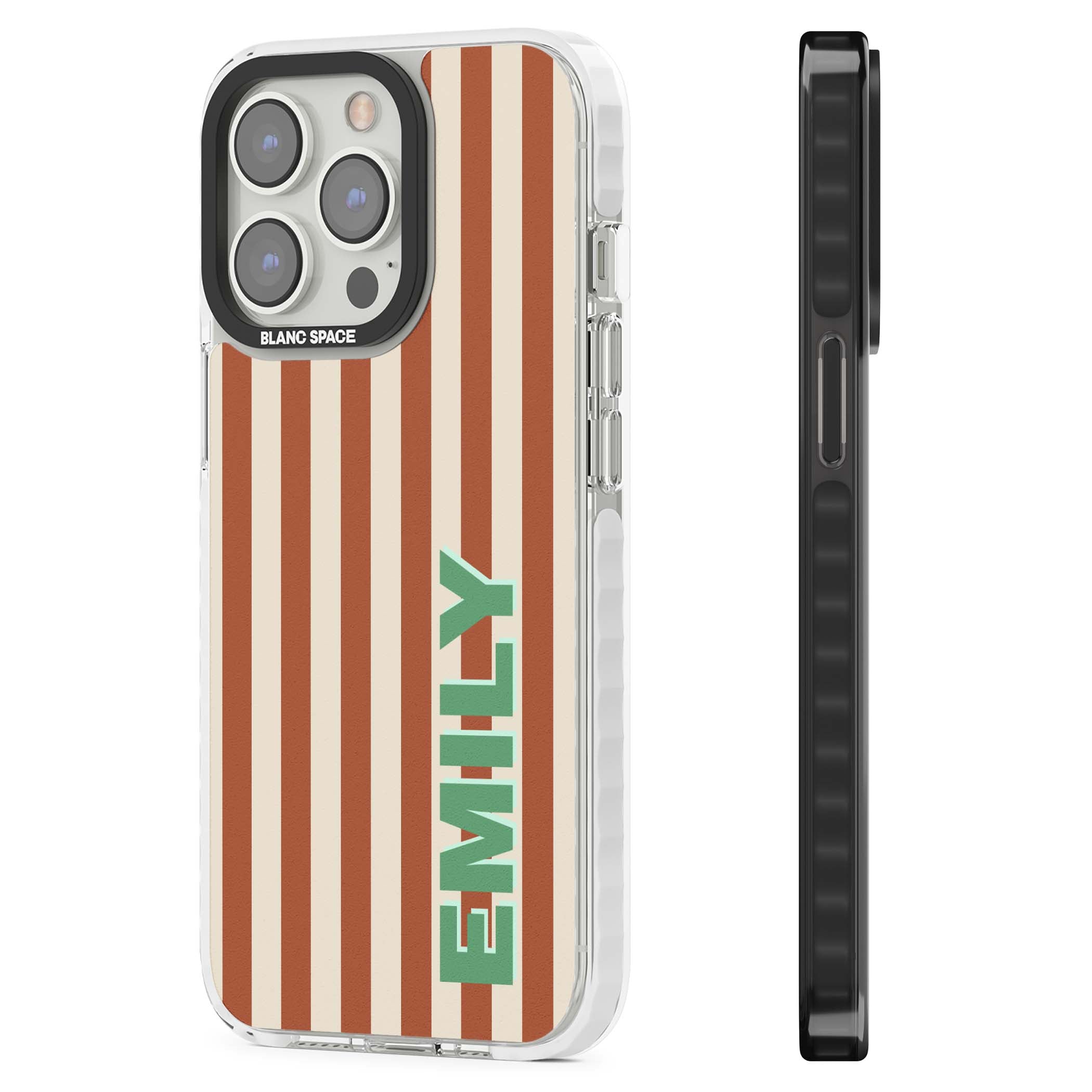 Dune Stripe personalised iPhone case with rust and cream vertical stripes and custom name in mint green | Impact Magsafe case for iPhone 13 Pro, iPhone 14 Pro, iPhone 15 Pro