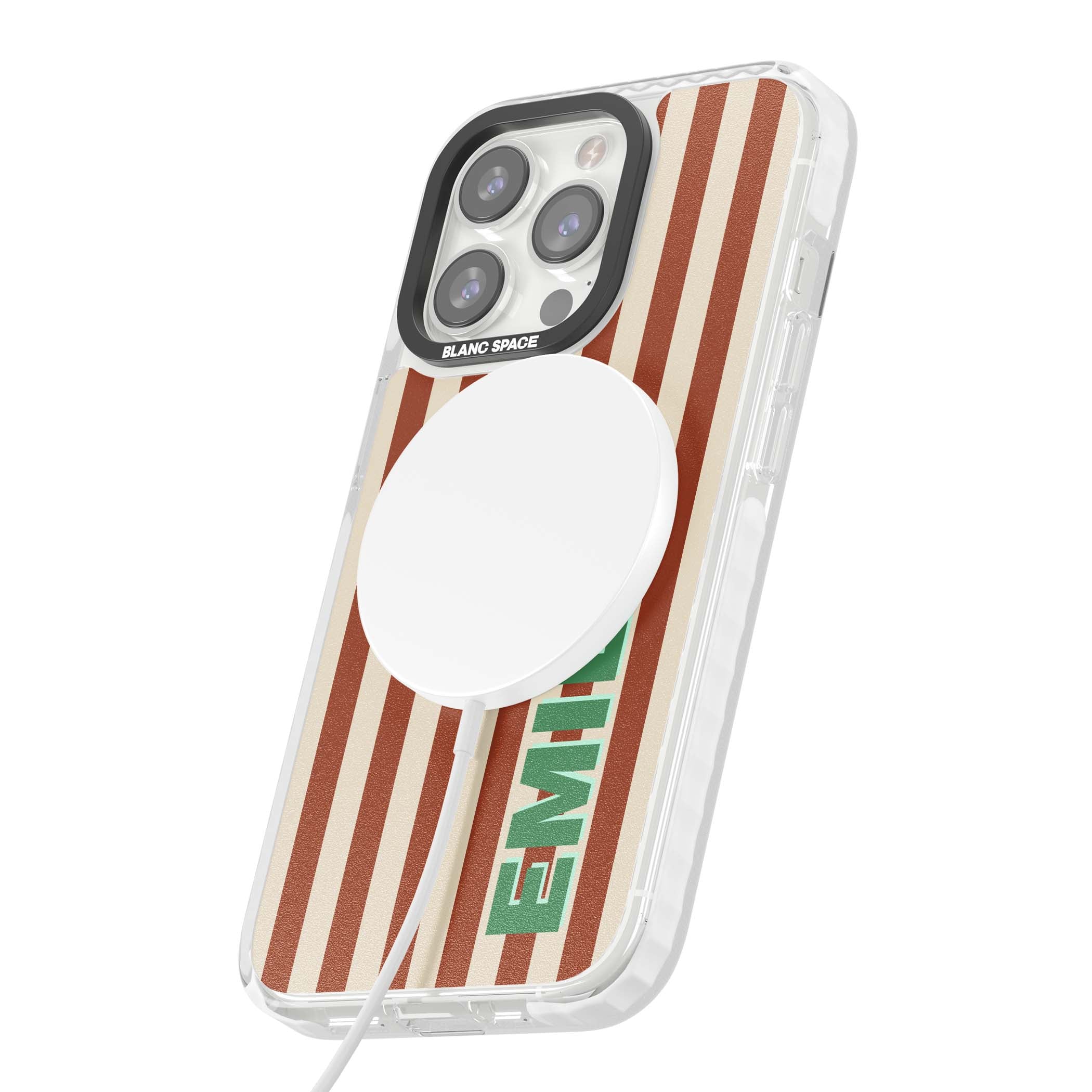 Dune Stripe personalised iPhone case with rust and cream vertical stripes and custom name in mint green | Impact Magsafe case for iPhone 13 Pro, iPhone 14 Pro, iPhone 15 Pro