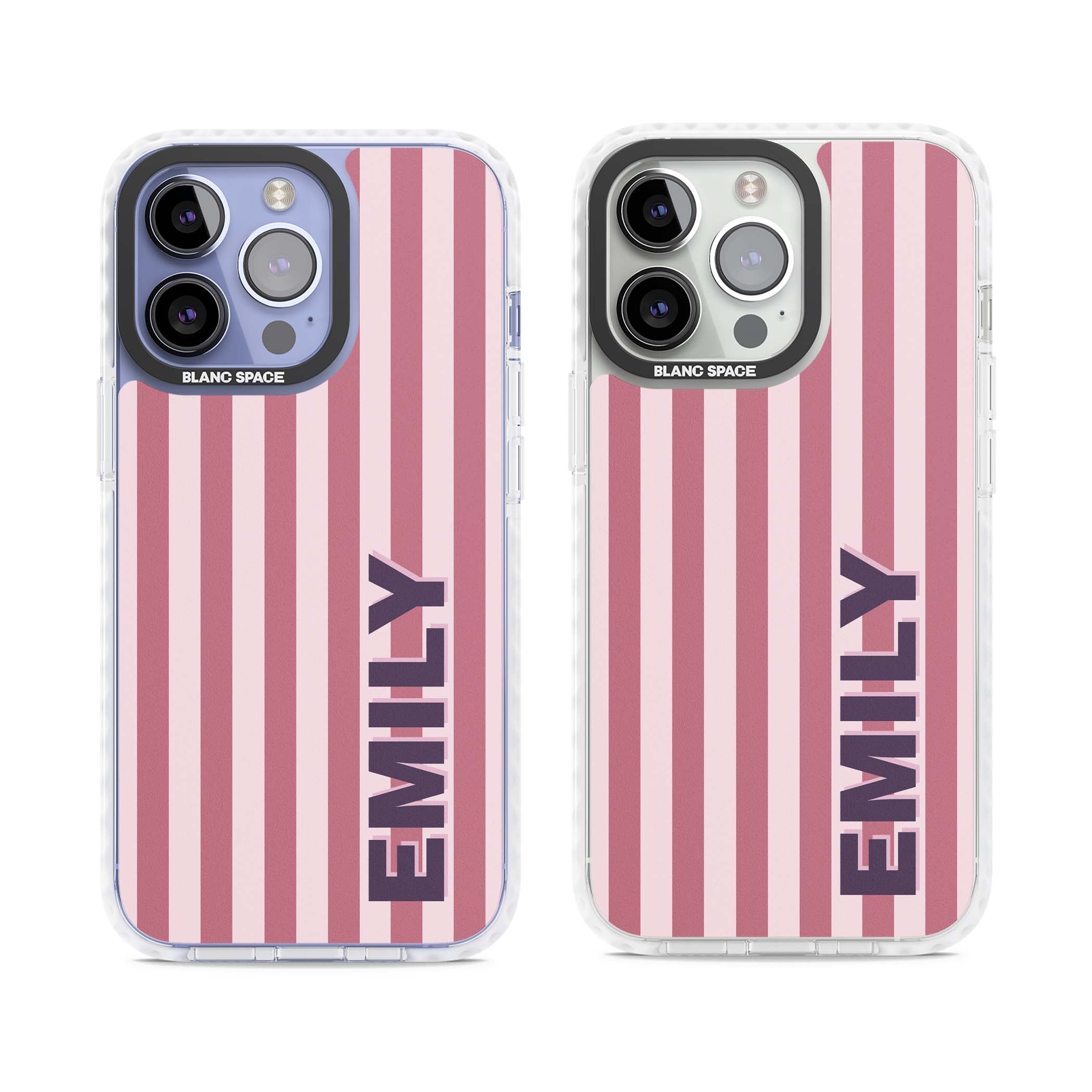Victoria Stripe personalised iPhone case featuring pink vertical stripes and custom name in bold plum lettering | Impact Magsafe case for iPhone 13 Pro, iPhone 14 Pro, iPhone 15 Pro