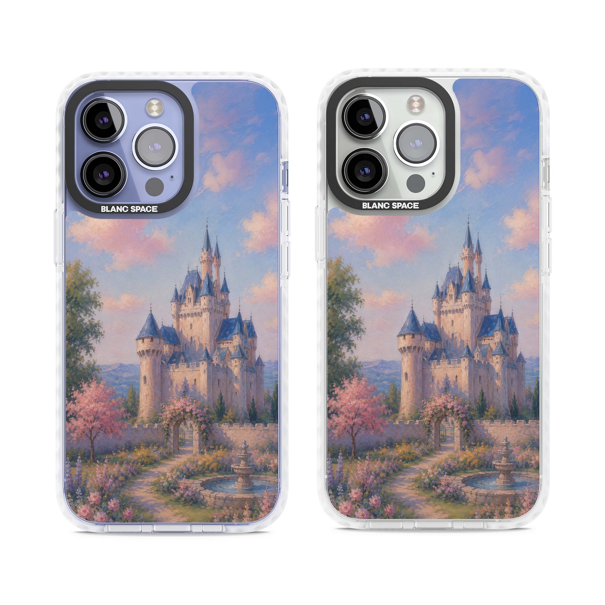 Enchanted Kingdom fairytale iPhone case featuring a romantic castle painting with cherry blossoms and pastel pink sky | Impact Magsafe case for iPhone 13 Pro, iPhone 14 Pro, iPhone 15 Pro