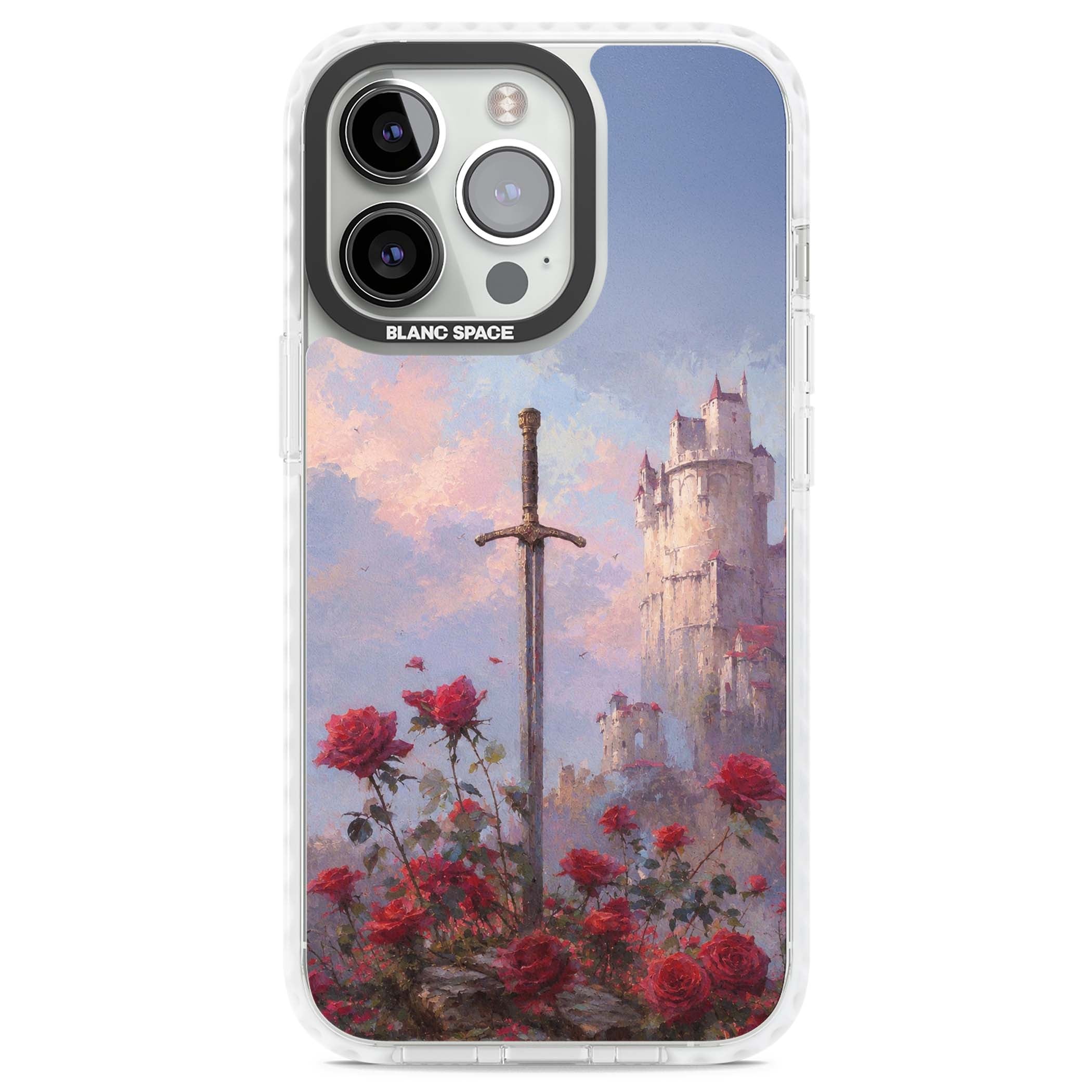 Sword in Roses medieval art iPhone case featuring a sword, red roses, and a misty fairytale castle at sunset | Impact Magsafe case for iPhone 13 Pro, iPhone 14 Pro, iPhone 15 Pro
