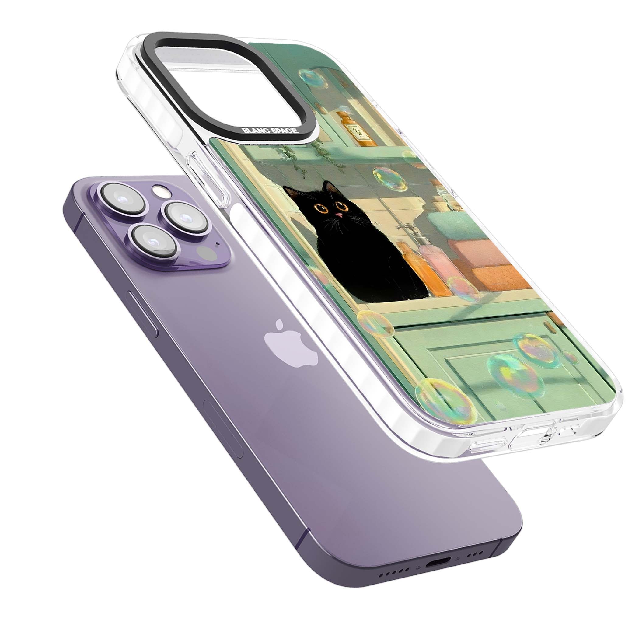Bathroom Bubble Kitty cottagecore iPhone case featuring a black cat, mint bathroom scene and floating soap bubbles | Impact Magsafe case for iPhone 13 Pro, iPhone 14 Pro, iPhone 15 Pro