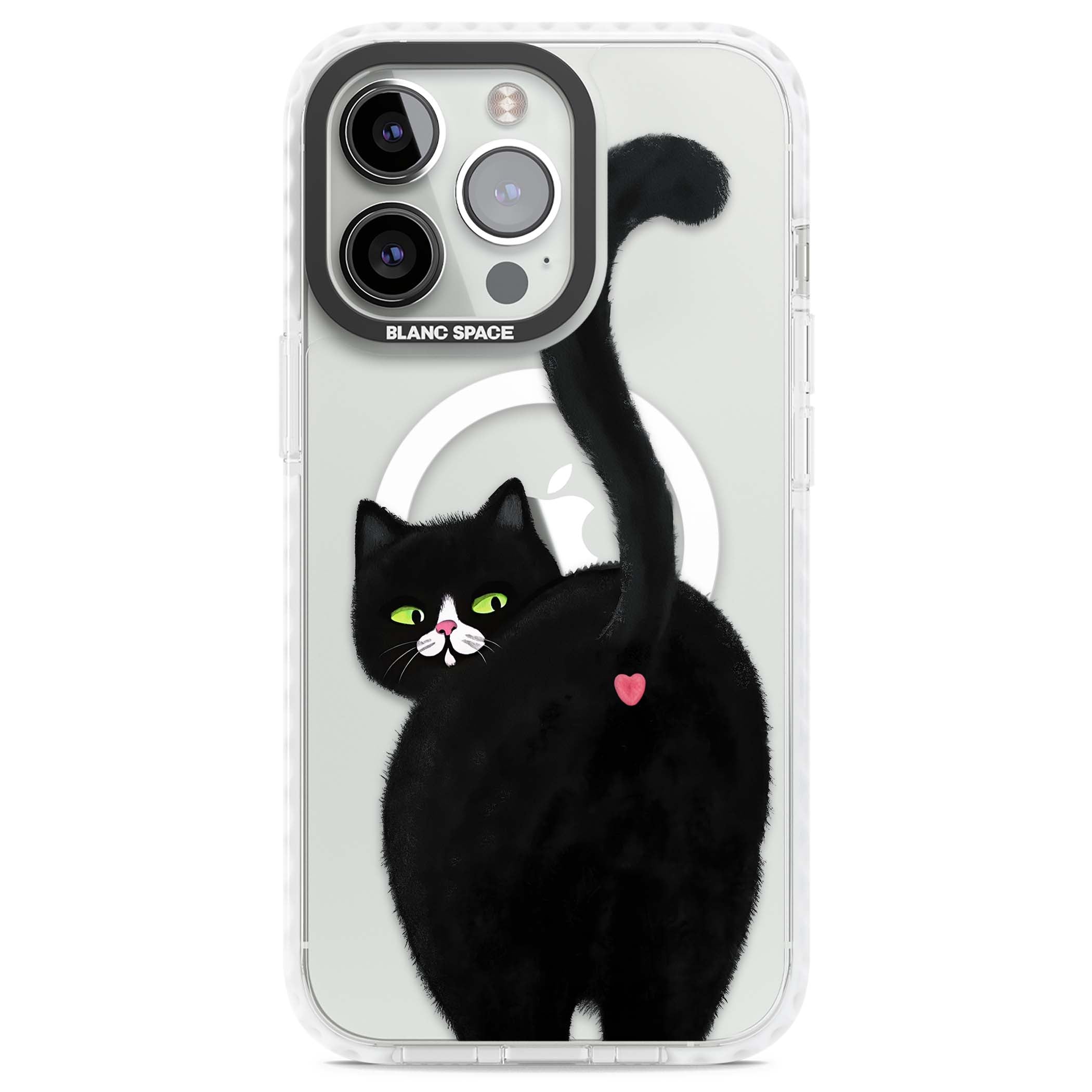 The Cat's Kiss cute cat iPhone case featuring a hand-painted tuxedo kitty with green eyes and a pink heart on a clear  | Impact Magsafe case for iPhone 13 Pro, iPhone 14 Pro, iPhone 15 Pro