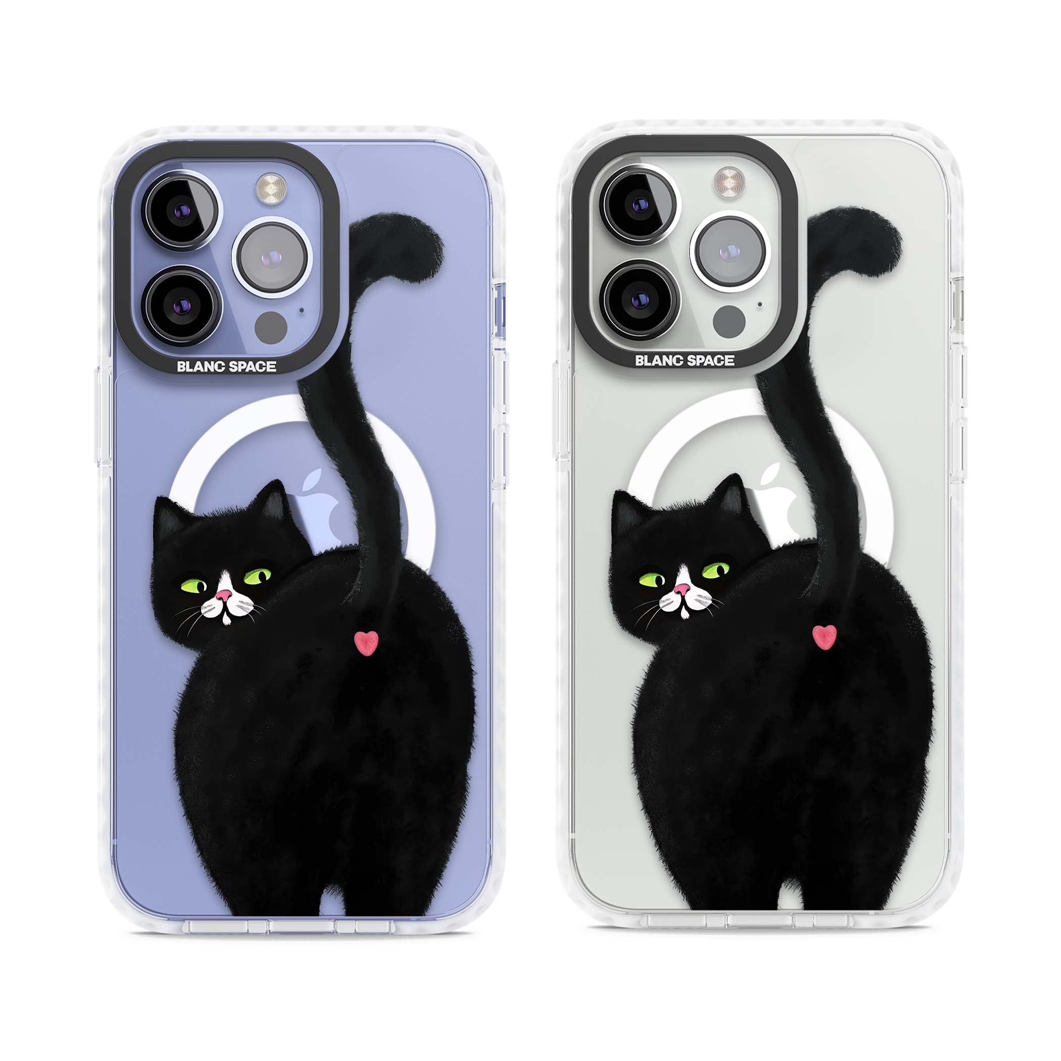 The Cat's Kiss cute cat iPhone case featuring a hand-painted tuxedo kitty with green eyes and a pink heart on a clear  | Impact Magsafe case for iPhone 13 Pro, iPhone 14 Pro, iPhone 15 Pro