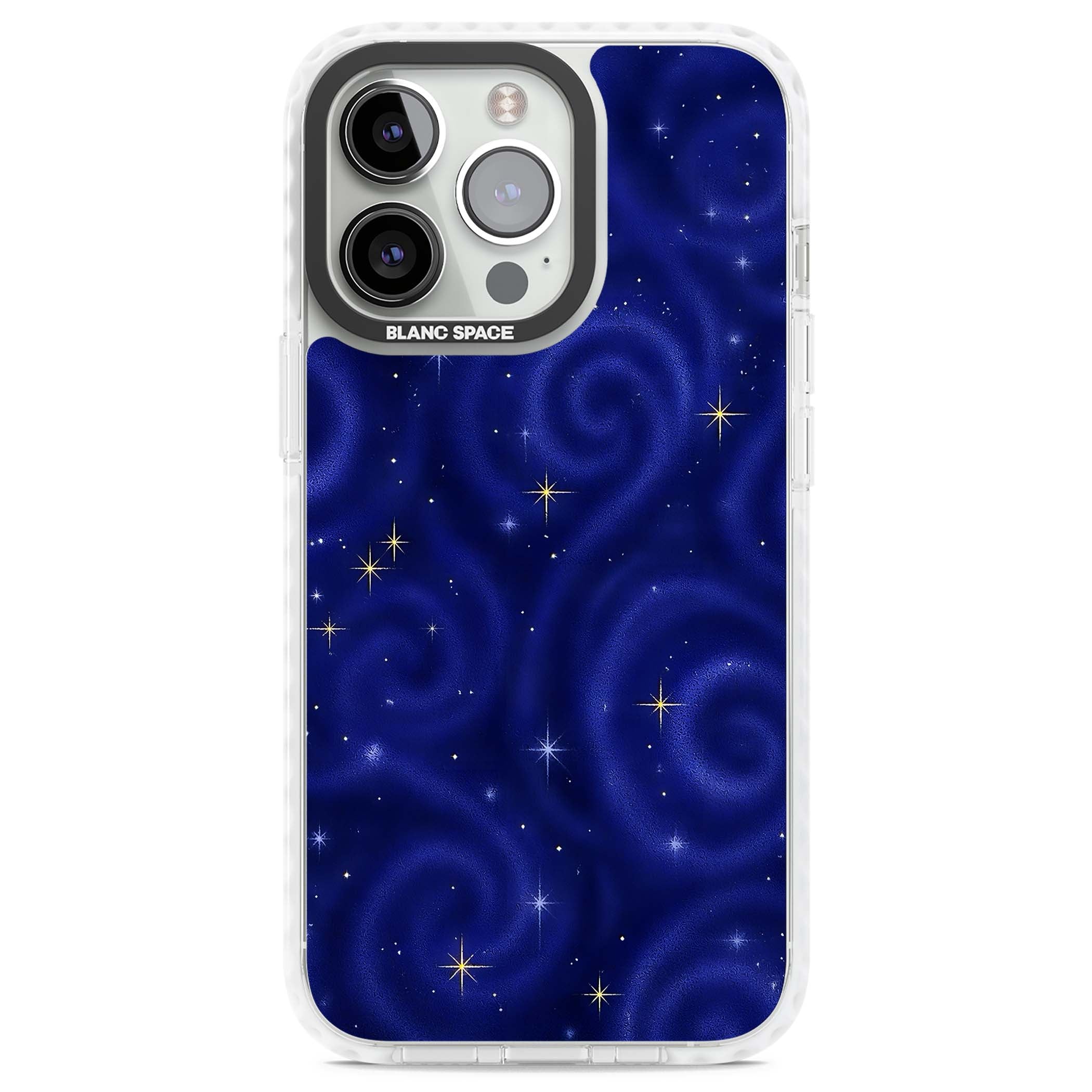 Indigo Cosmos celestial iPhone case featuring swirling navy night sky and sparkling golden stars | Impact Magsafe case for iPhone 13 Pro, iPhone 14 Pro, iPhone 15 Pro