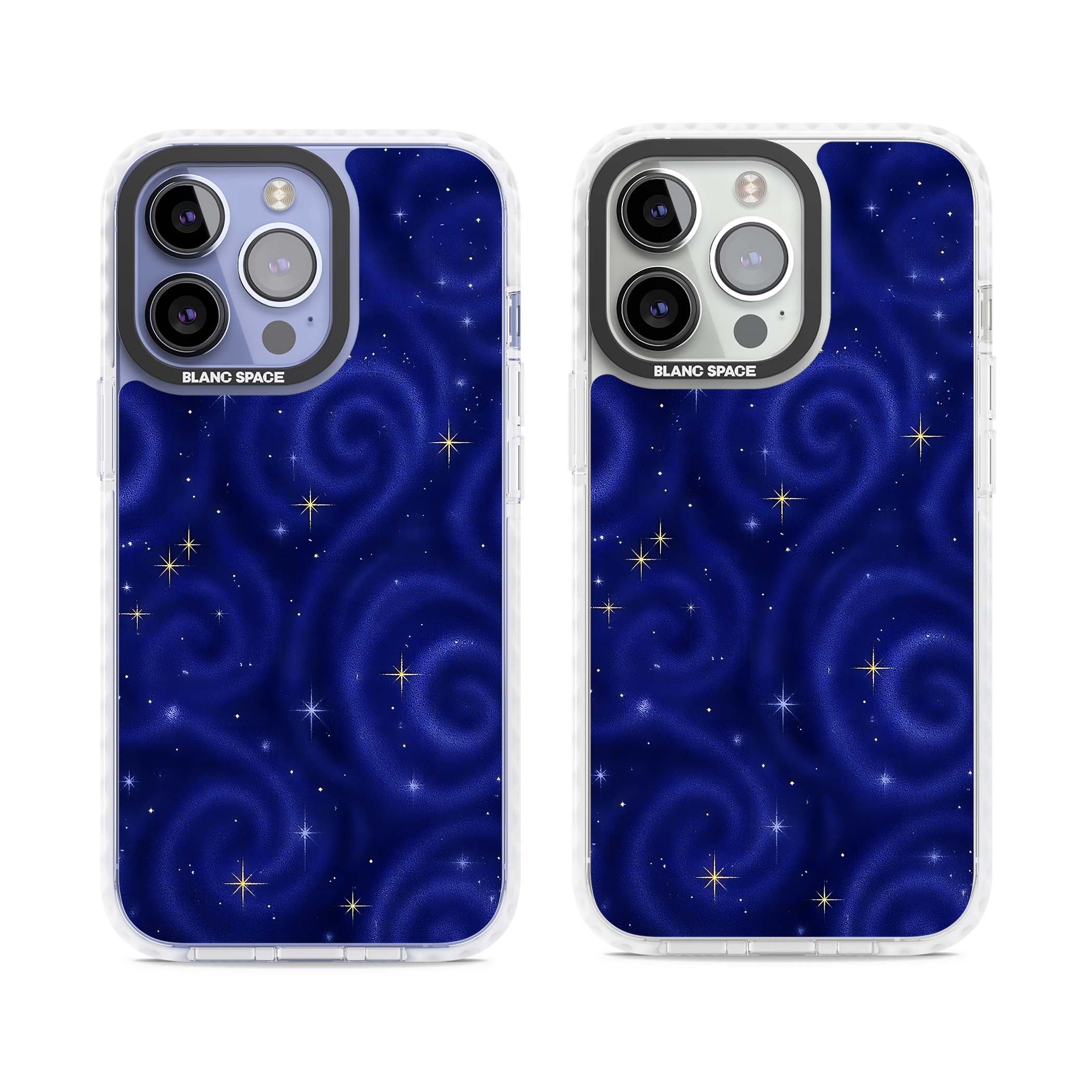 Indigo Cosmos celestial iPhone case featuring swirling navy night sky and sparkling golden stars | Impact Magsafe case for iPhone 13 Pro, iPhone 14 Pro, iPhone 15 Pro