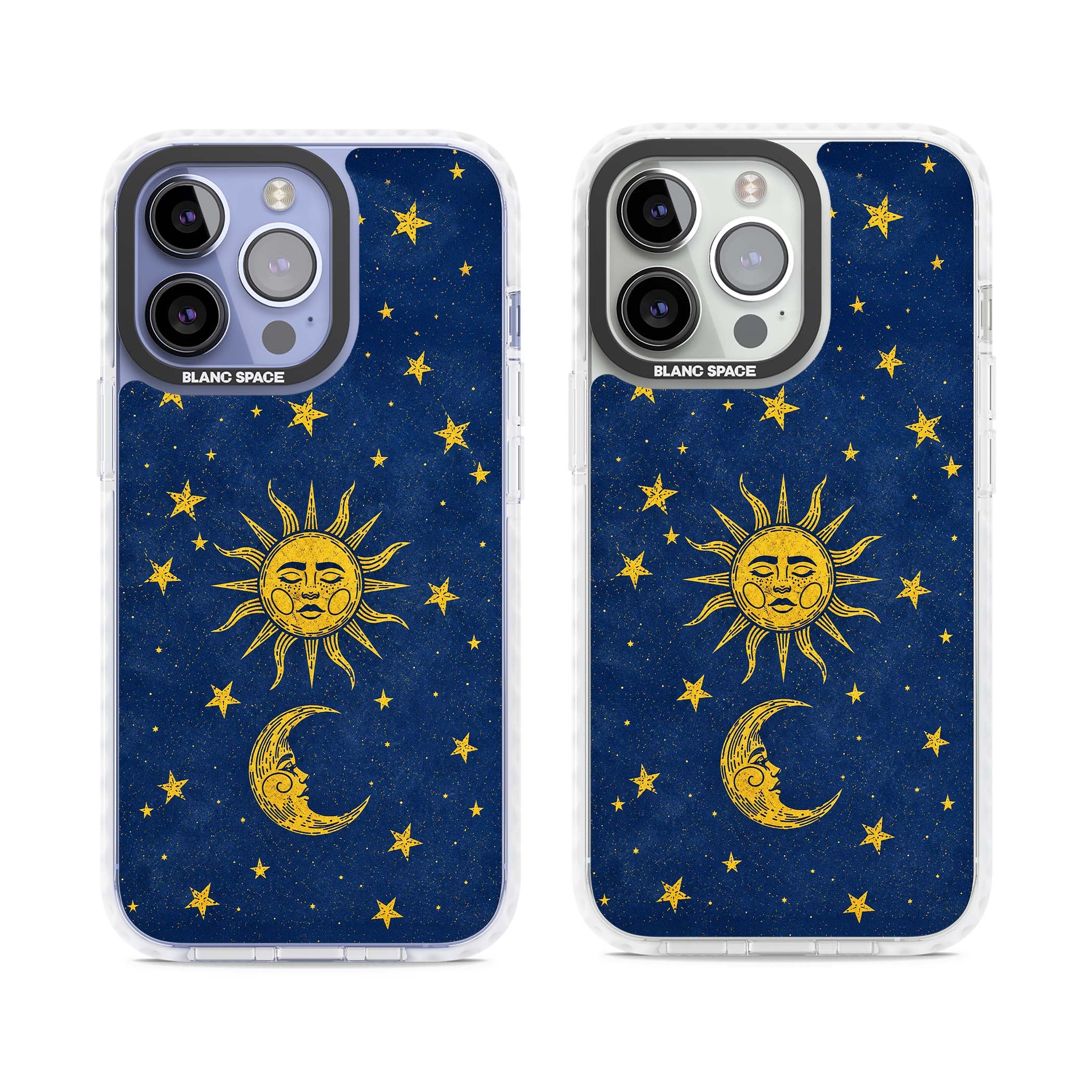 Sun & Moon Reverie celestial iPhone case featuring a vintage golden sun, crescent moon and scattered stars on midnight blue | Impact Magsafe case for iPhone 13 Pro, iPhone 14 Pro, iPhone 15 Pro
