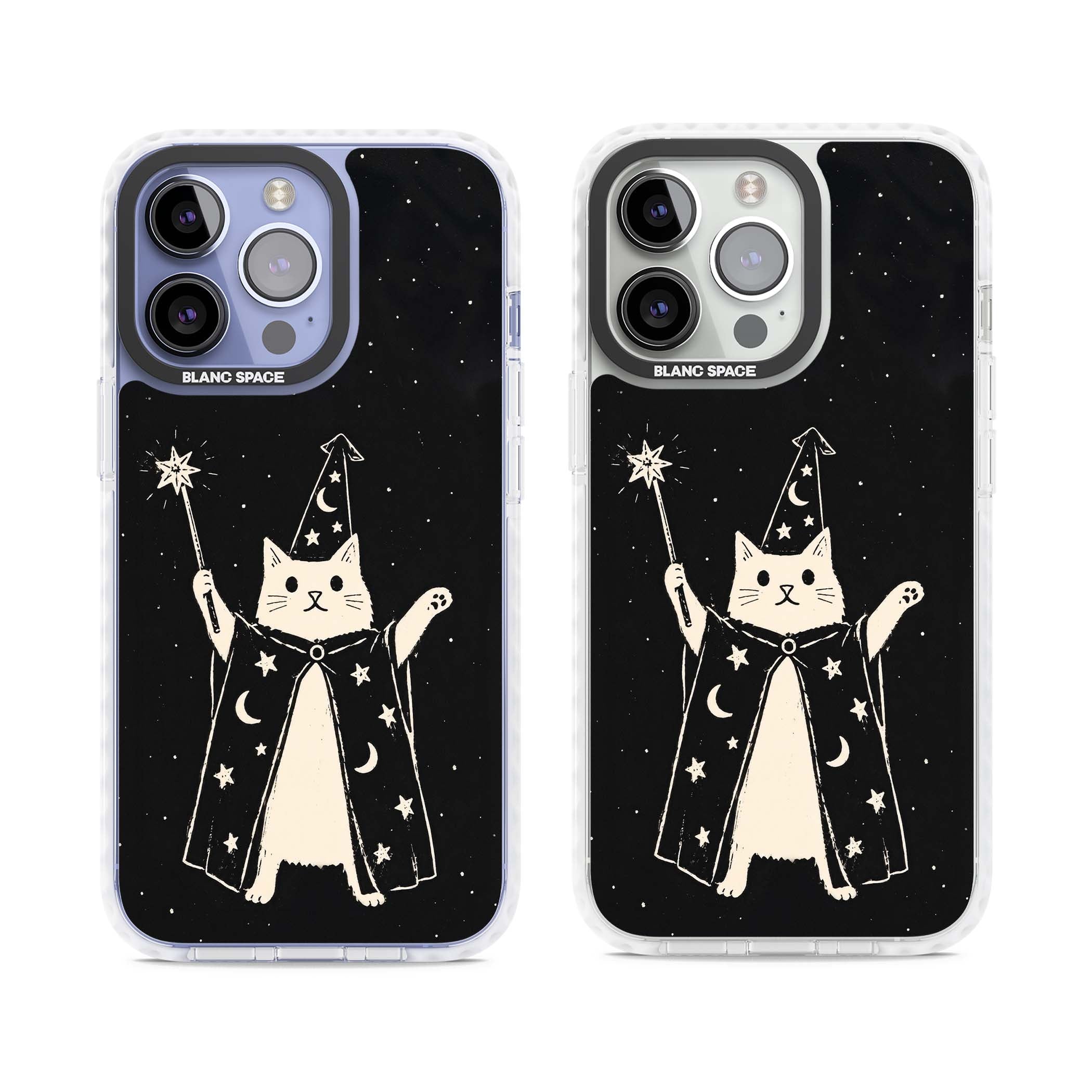 Whisker Wizard celestial cat iPhone case featuring a wizard cat with magic wand, starry night sky and crescent moons | Impact Magsafe case for iPhone 13 Pro, iPhone 14 Pro, iPhone 15 Pro