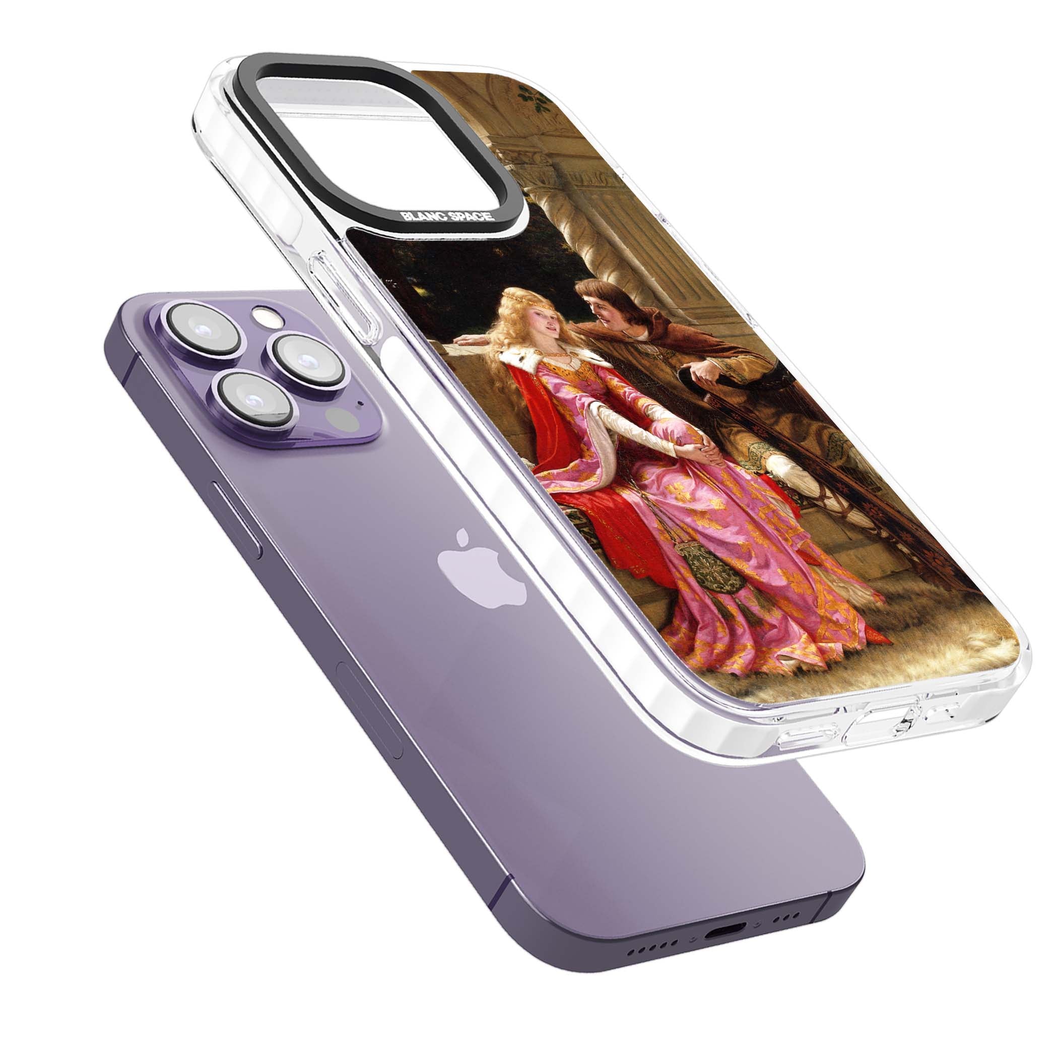 The End of the Song classic art iPhone case featuring a medieval lady in pink gown and her knight in a stone archway | Impact Magsafe case for iPhone 13 Pro, iPhone 14 Pro, iPhone 15 Pro