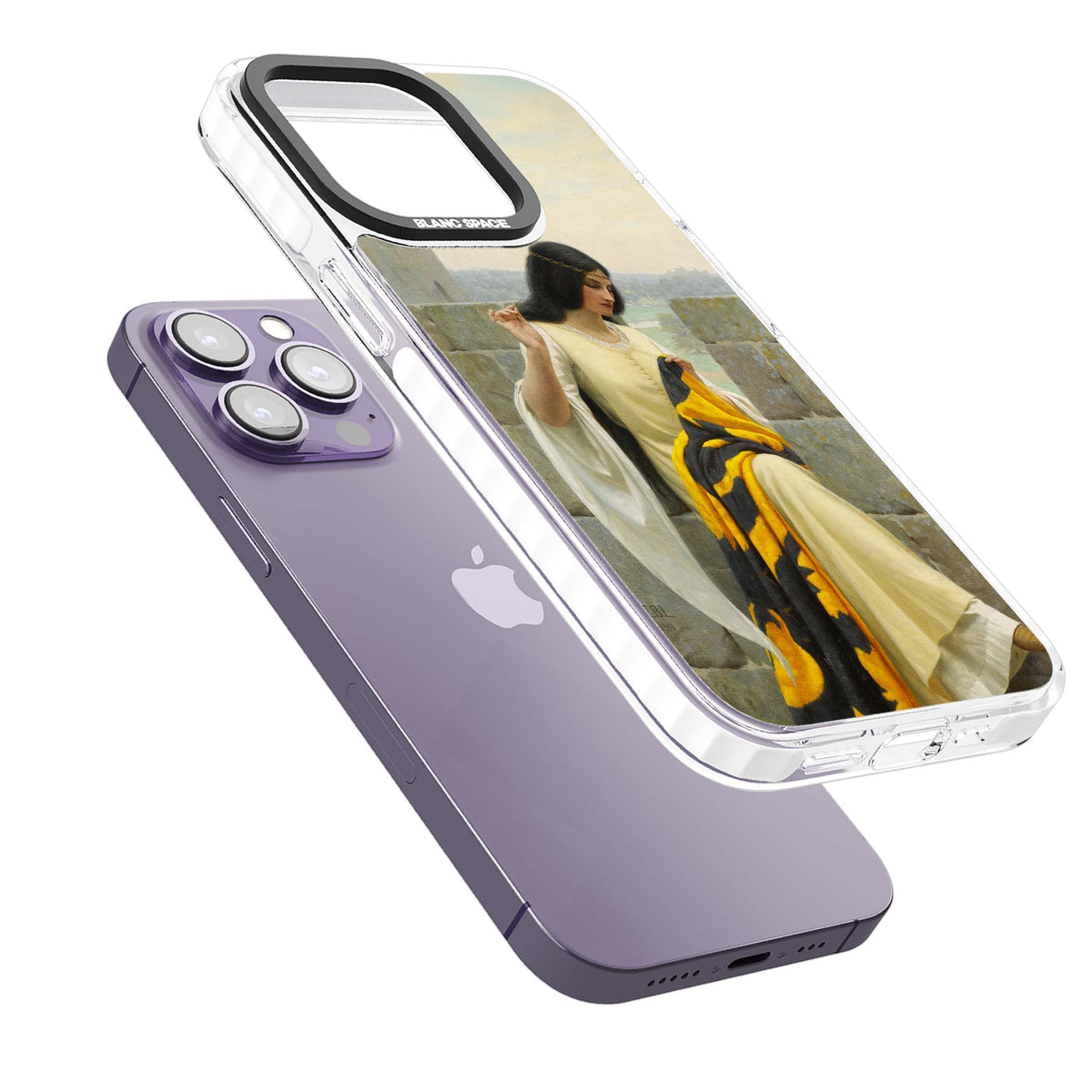 Stitching the Standard renaissance art iPhone case featuring a medieval lady sewing a golden banner on a castle wall | Impact Magsafe case for iPhone 13 Pro, iPhone 14 Pro, iPhone 15 Pro