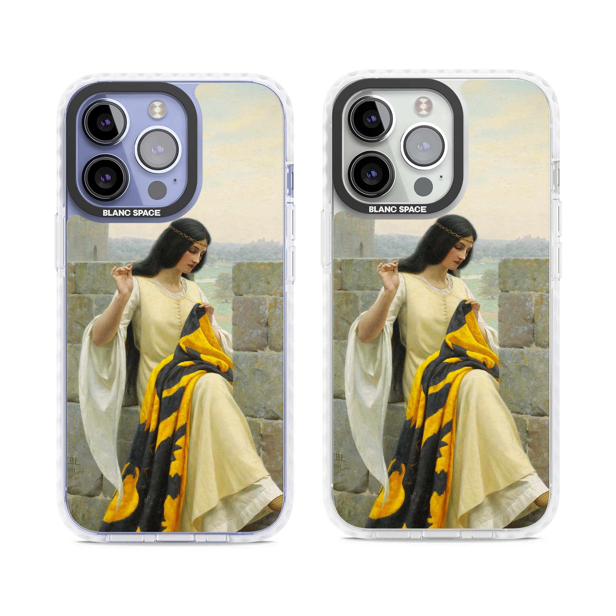 Stitching the Standard renaissance art iPhone case featuring a medieval lady sewing a golden banner on a castle wall | Impact Magsafe case for iPhone 13 Pro, iPhone 14 Pro, iPhone 15 Pro