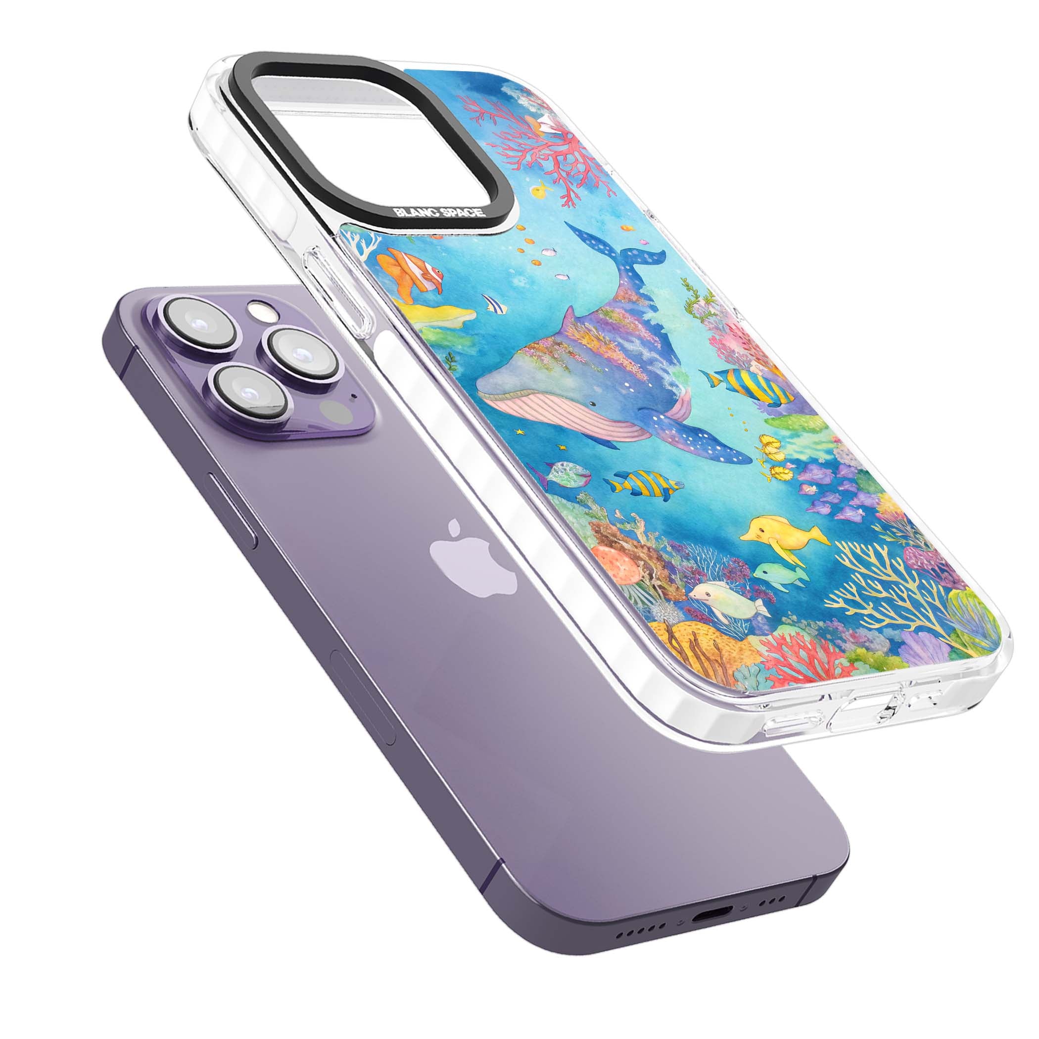 Coral Lagoon ocean iPhone case featuring a watercolour whale, coral reef and tropical fish | Impact Magsafe case for iPhone 13 Pro, iPhone 14 Pro, iPhone 15 Pro