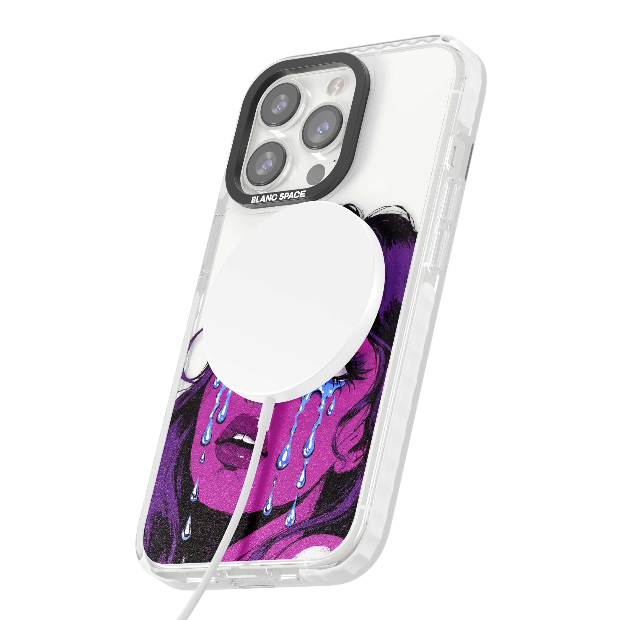 Drama Queen pop art iPhone case featuring a purple crying comic girl with blue tears | Impact Magsafe case for iPhone 13 Pro, iPhone 14 Pro, iPhone 15 Pro