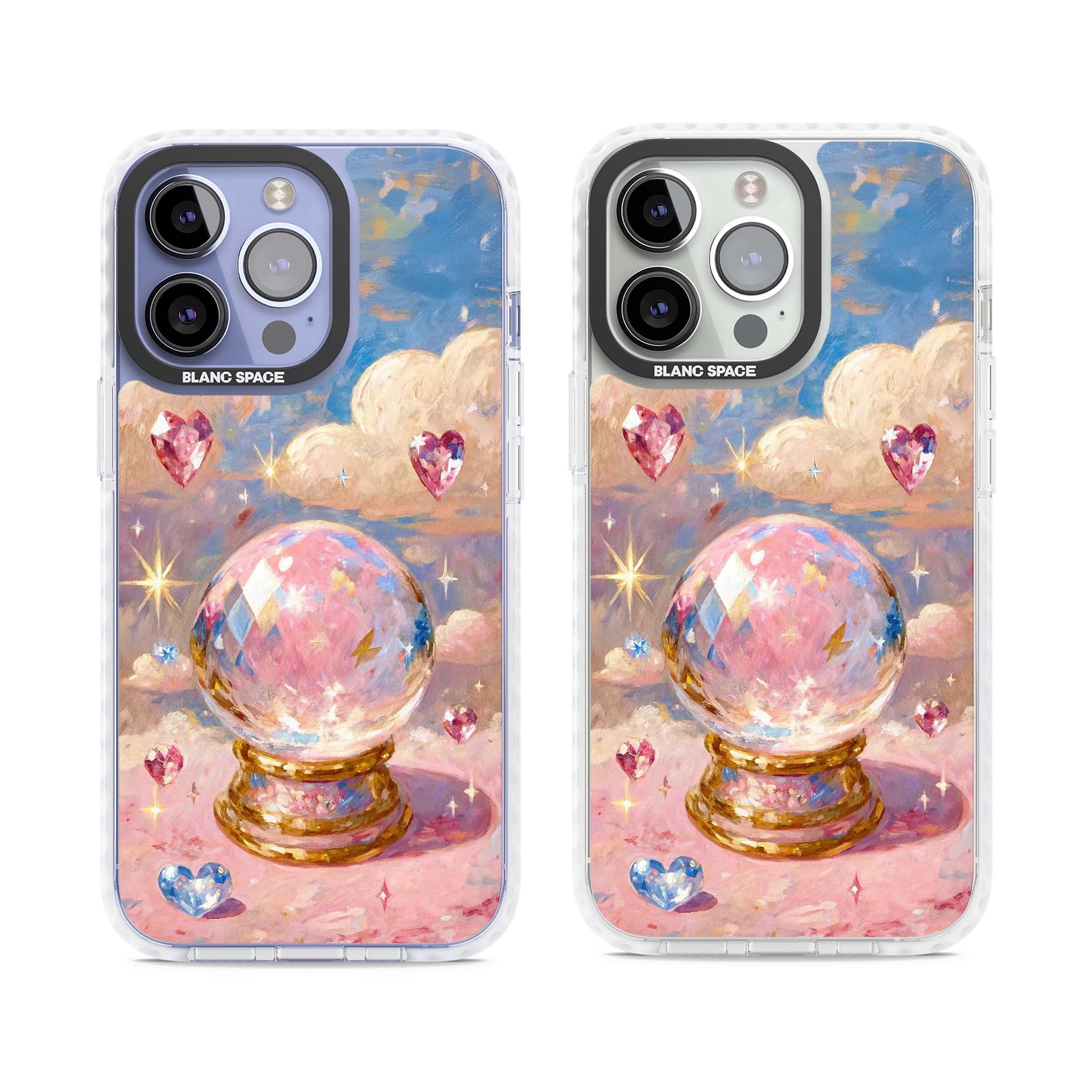 Crystal Ball fairycore iPhone case featuring a painted crystal ball, heart gemstones, and pastel clouds | Impact Magsafe case for iPhone 13 Pro, iPhone 14 Pro, iPhone 15 Pro