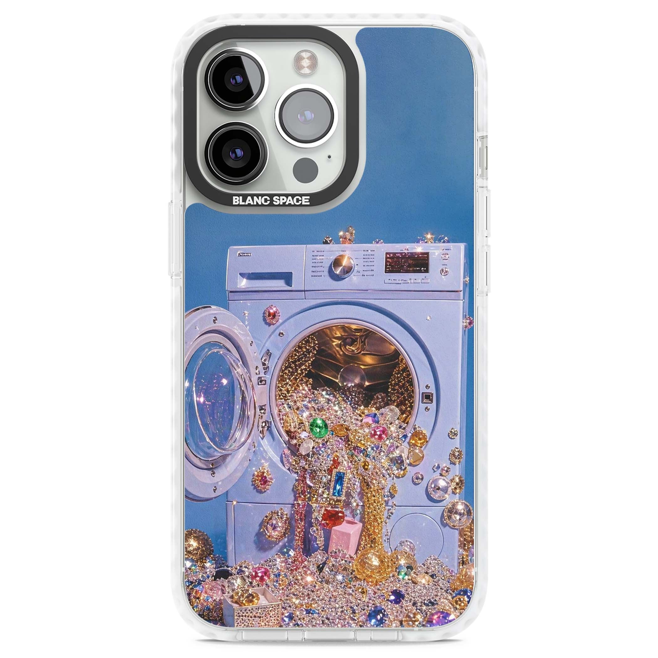 Gem Laundry baddie iPhone case featuring a surreal washing machine overflowing with colourful gemstones and crystals | Impact Magsafe case for iPhone 13 Pro, iPhone 14 Pro, iPhone 15 Pro