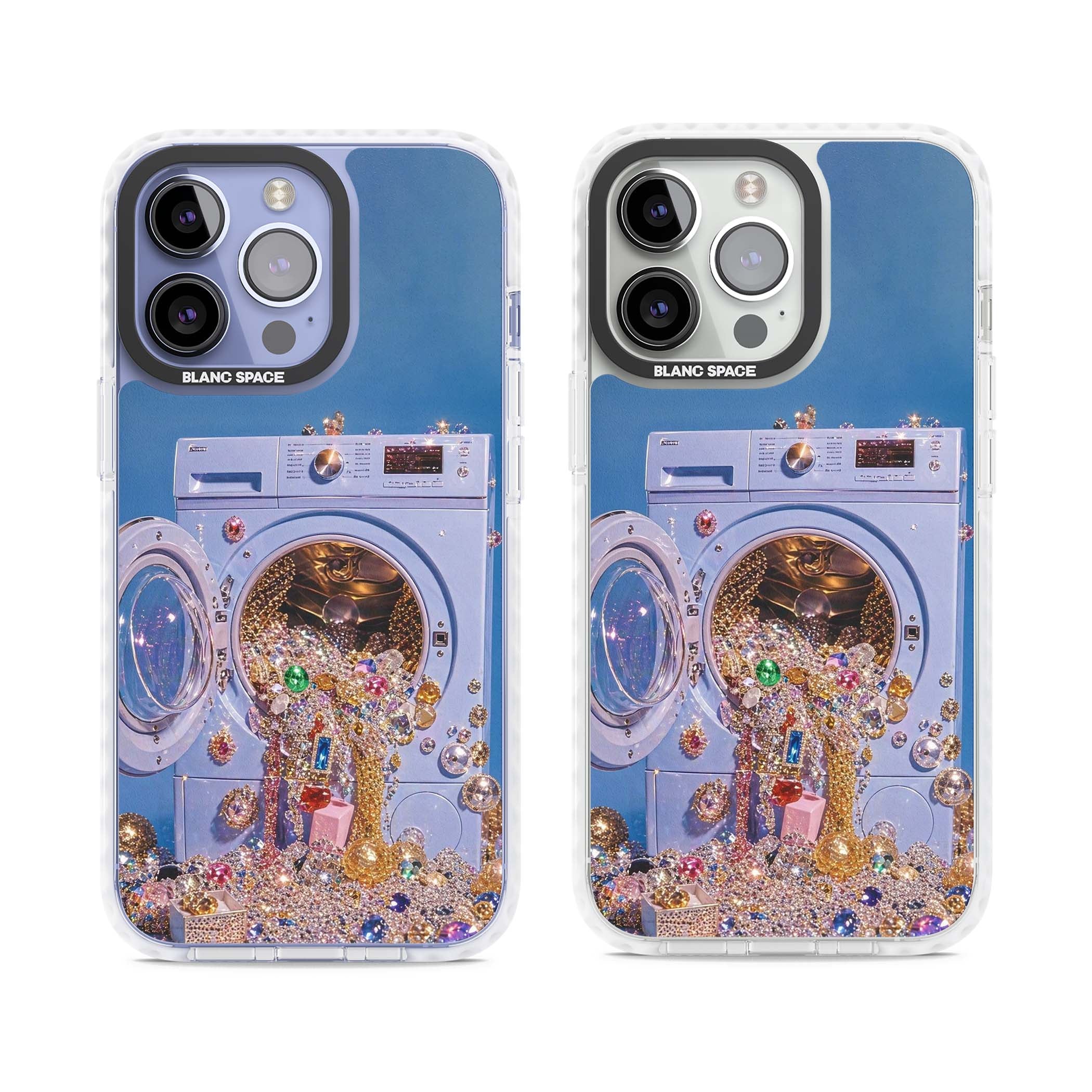 Gem Laundry baddie iPhone case featuring a surreal washing machine overflowing with colourful gemstones and crystals | Impact Magsafe case for iPhone 13 Pro, iPhone 14 Pro, iPhone 15 Pro
