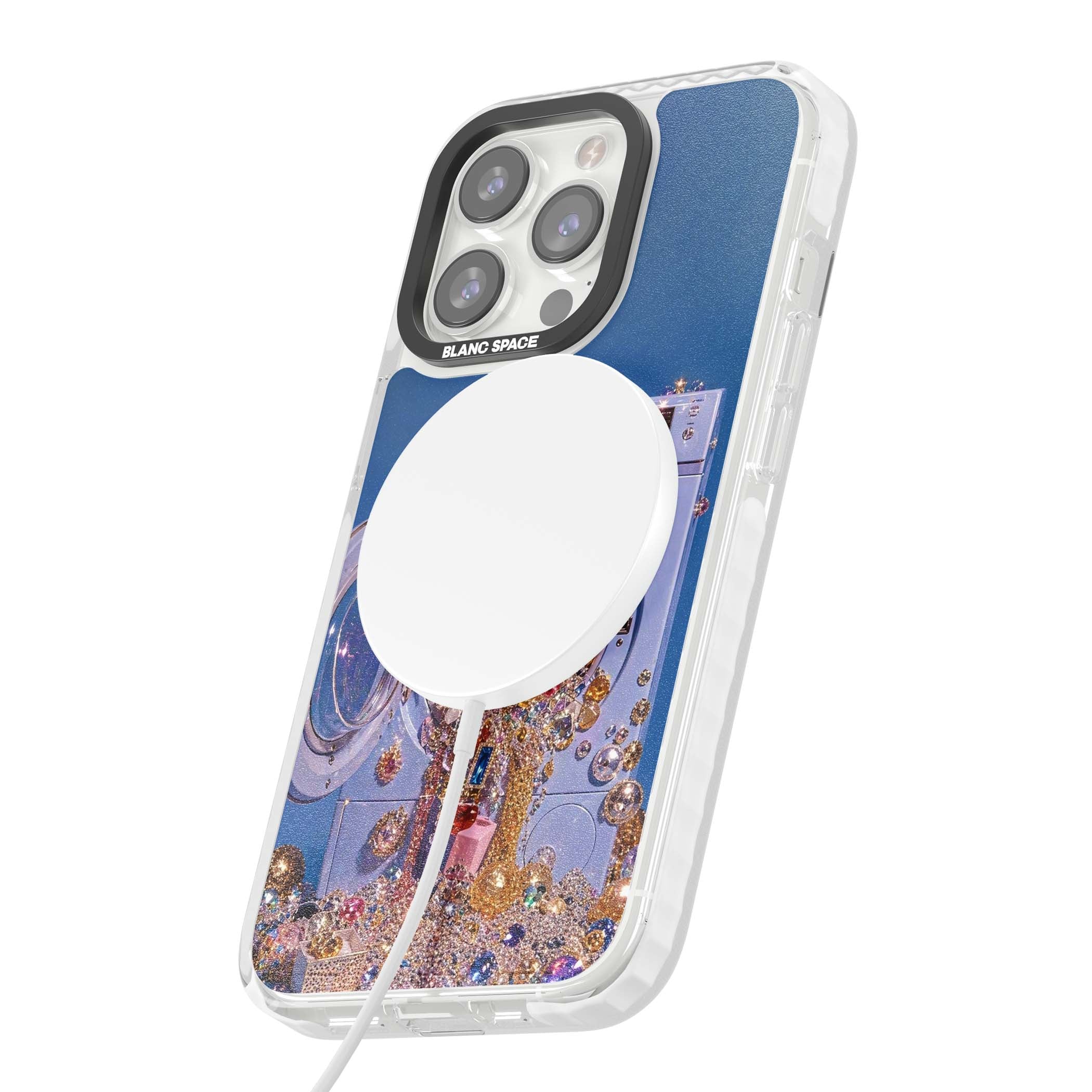 Gem Laundry baddie iPhone case featuring a surreal washing machine overflowing with colourful gemstones and crystals | Impact Magsafe case for iPhone 13 Pro, iPhone 14 Pro, iPhone 15 Pro