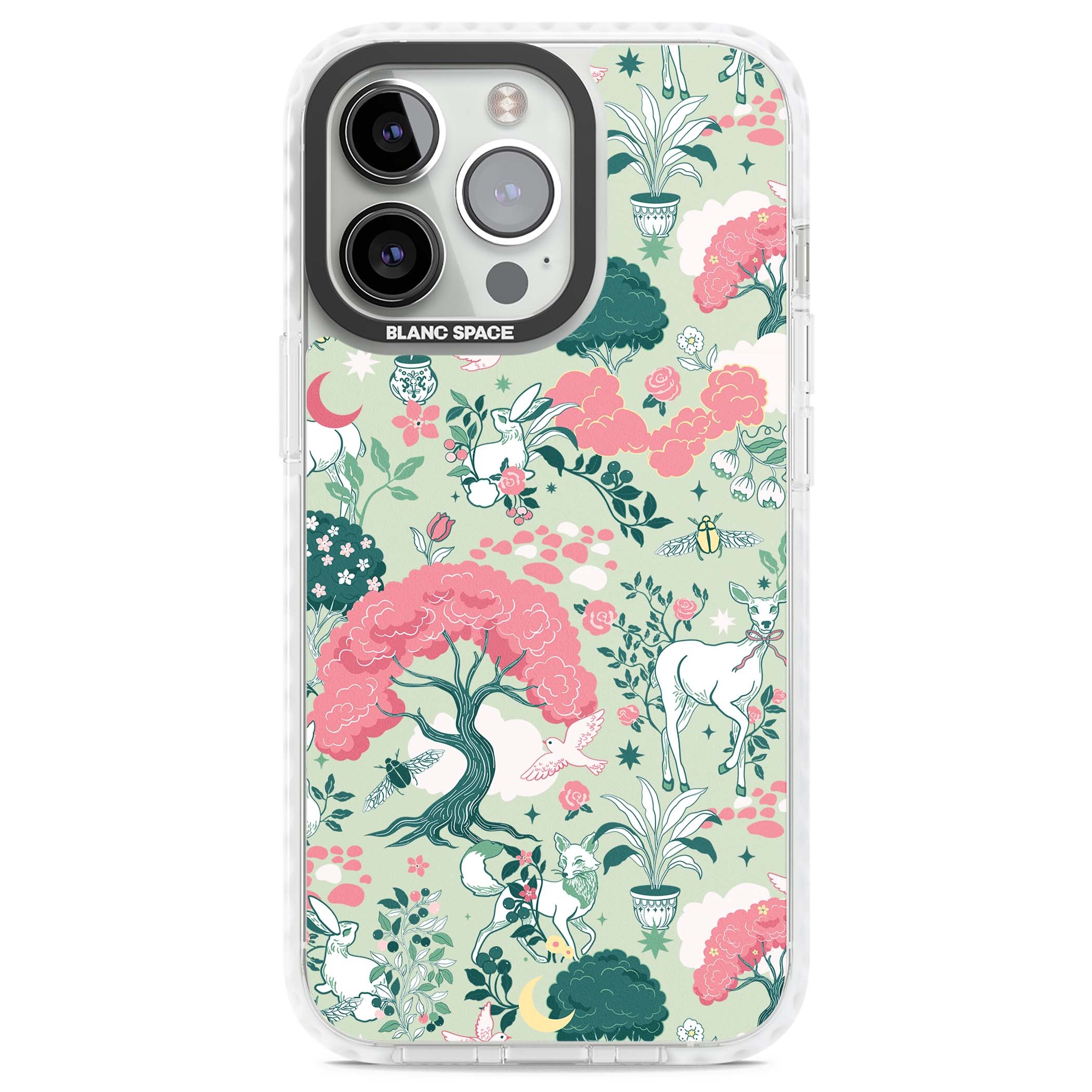 Enchanted Woodland cottagecore iPhone case featuring white deer, pink roses, mushrooms and woodland animals on sage green | Impact Magsafe case for iPhone 13 Pro, iPhone 14 Pro, iPhone 15 Pro