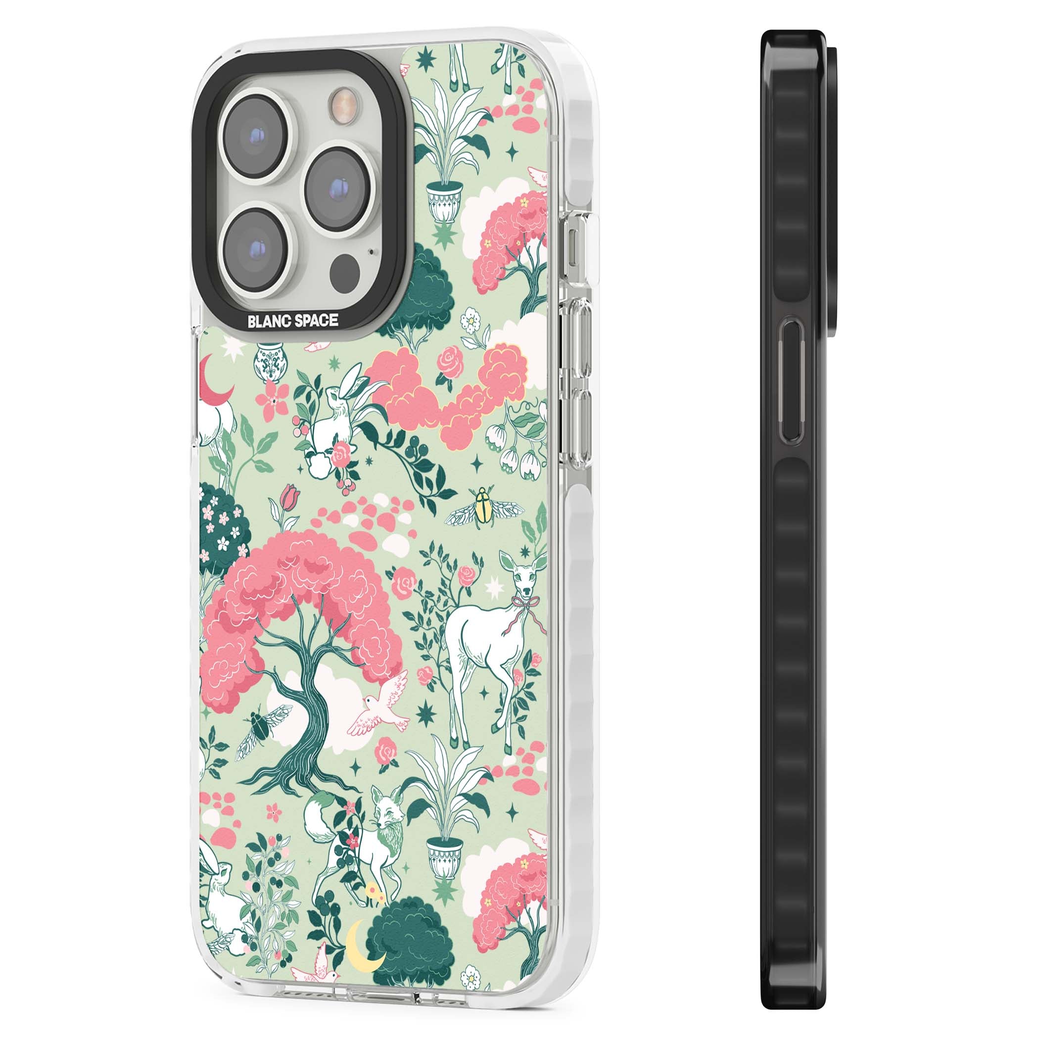 Enchanted Woodland cottagecore iPhone case featuring white deer, pink roses, mushrooms and woodland animals on sage green | Impact Magsafe case for iPhone 13 Pro, iPhone 14 Pro, iPhone 15 Pro
