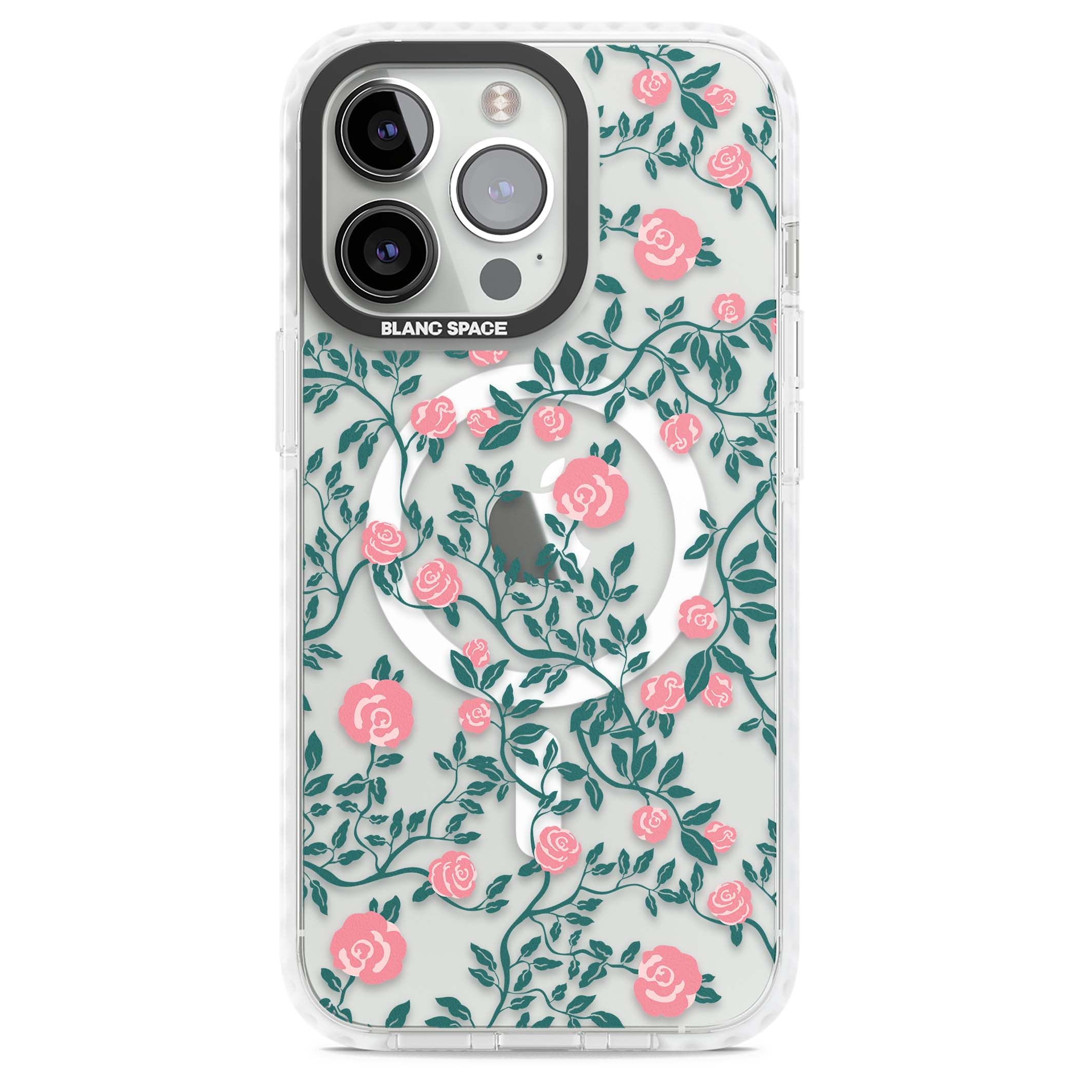 Rose Trellis (Clear) cottagecore iPhone case featuring pink climbing roses and green leaves on clear background | Impact Magsafe case for iPhone 13 Pro, iPhone 14 Pro, iPhone 15 Pro