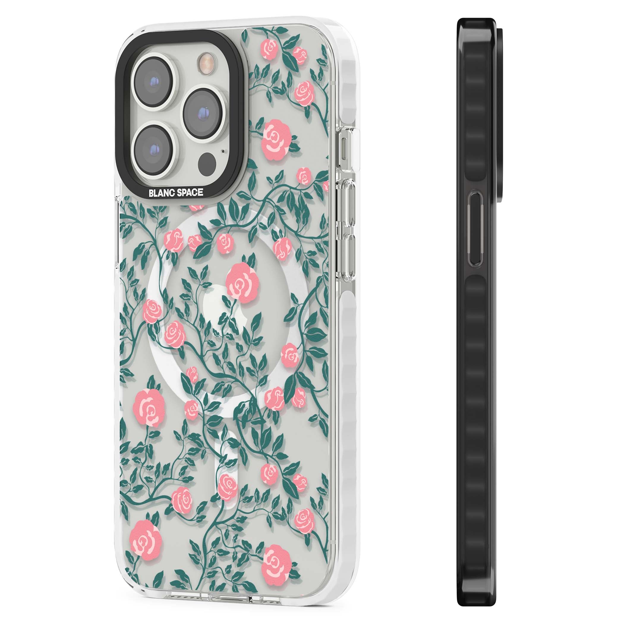 Rose Trellis (Clear) cottagecore iPhone case featuring pink climbing roses and green leaves on clear background | Impact Magsafe case for iPhone 13 Pro, iPhone 14 Pro, iPhone 15 Pro