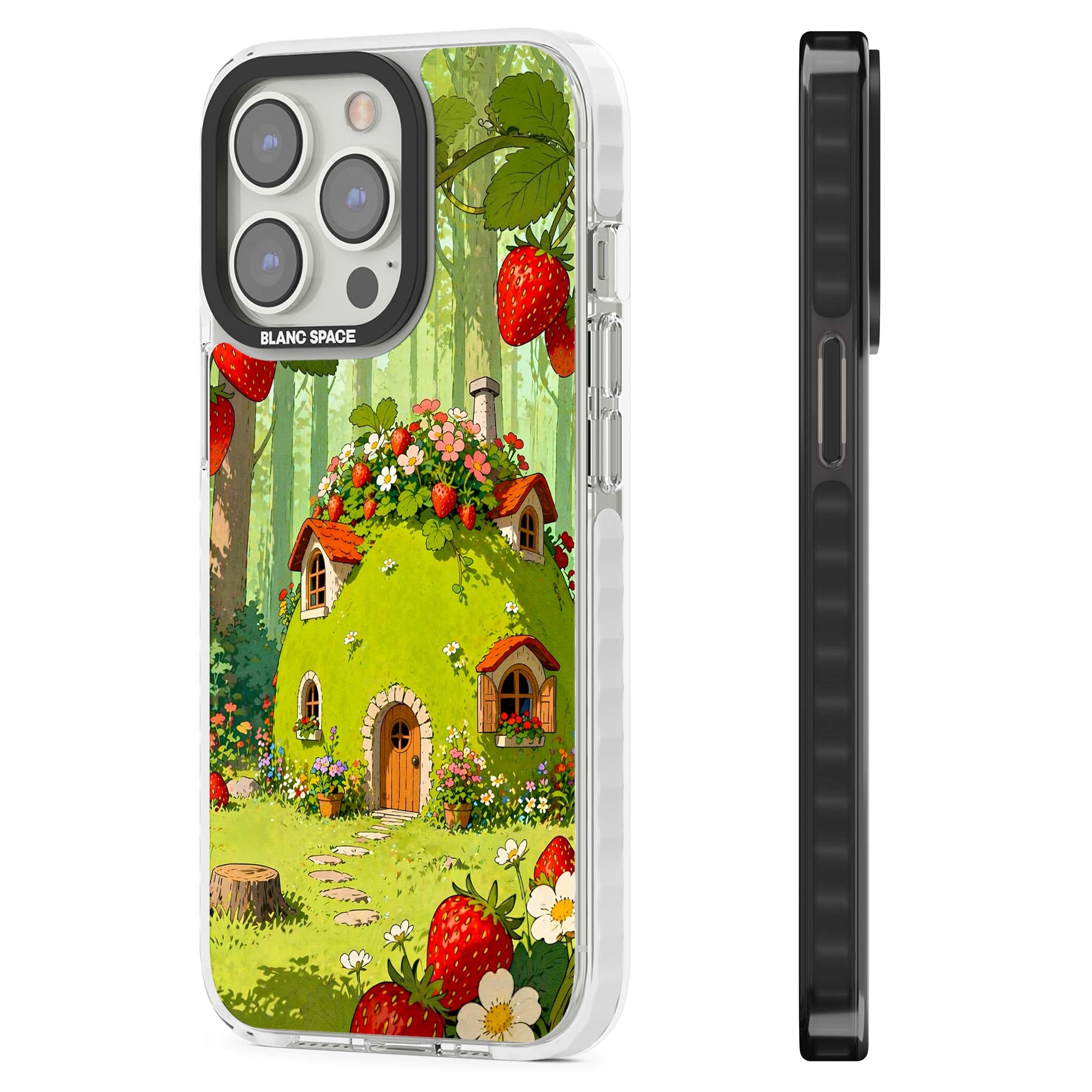 Strawberry Cottage cottagecore iPhone case featuring a green fairy house, wild strawberries and enchanted forest flowers | Impact Magsafe case for iPhone 13 Pro, iPhone 14 Pro, iPhone 15 Pro