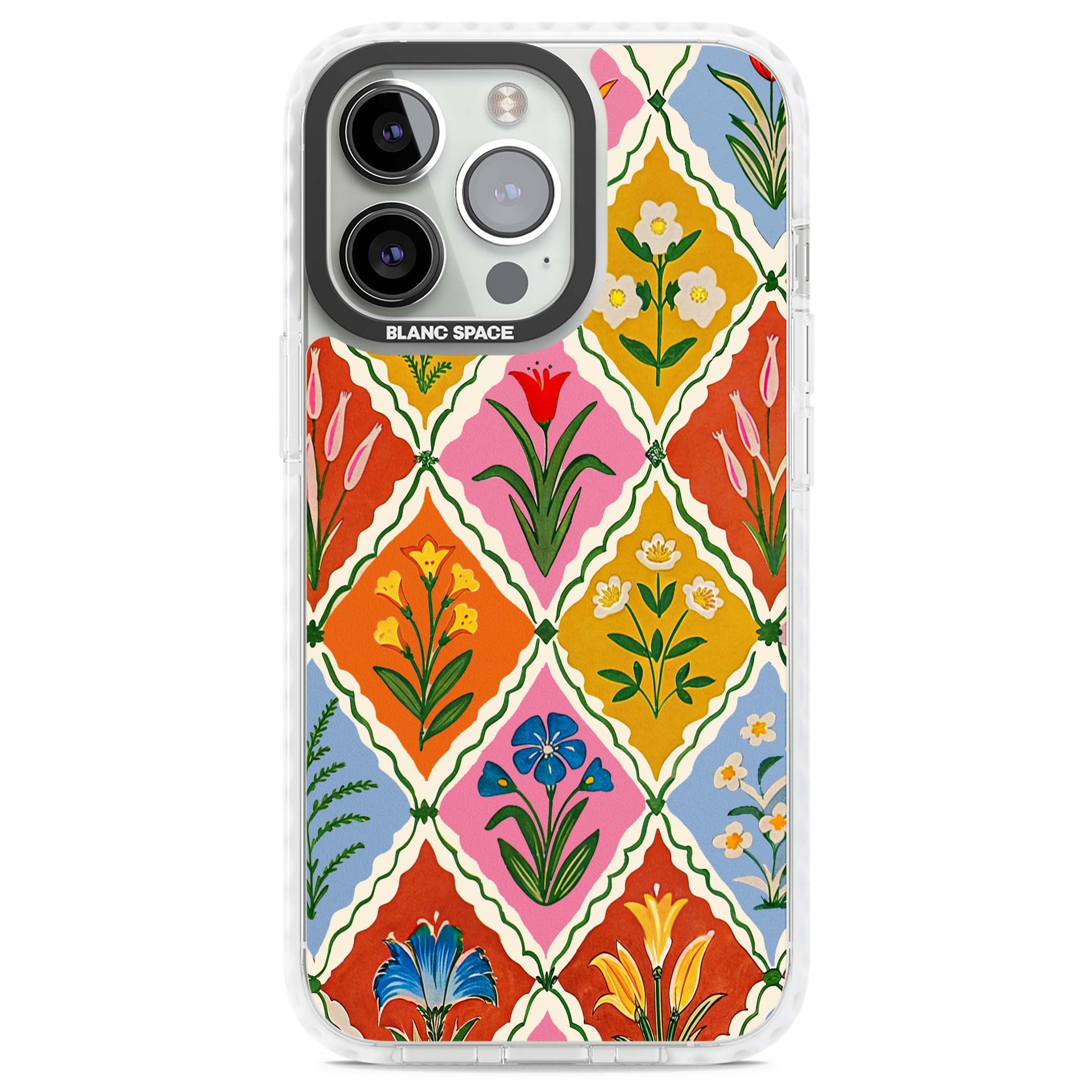 Floral Quilt boho floral iPhone case featuring diamond lattice pattern, hand-painted tulips and folk art wildflowers | Impact Magsafe case for iPhone 13 Pro, iPhone 14 Pro, iPhone 15 Pro
