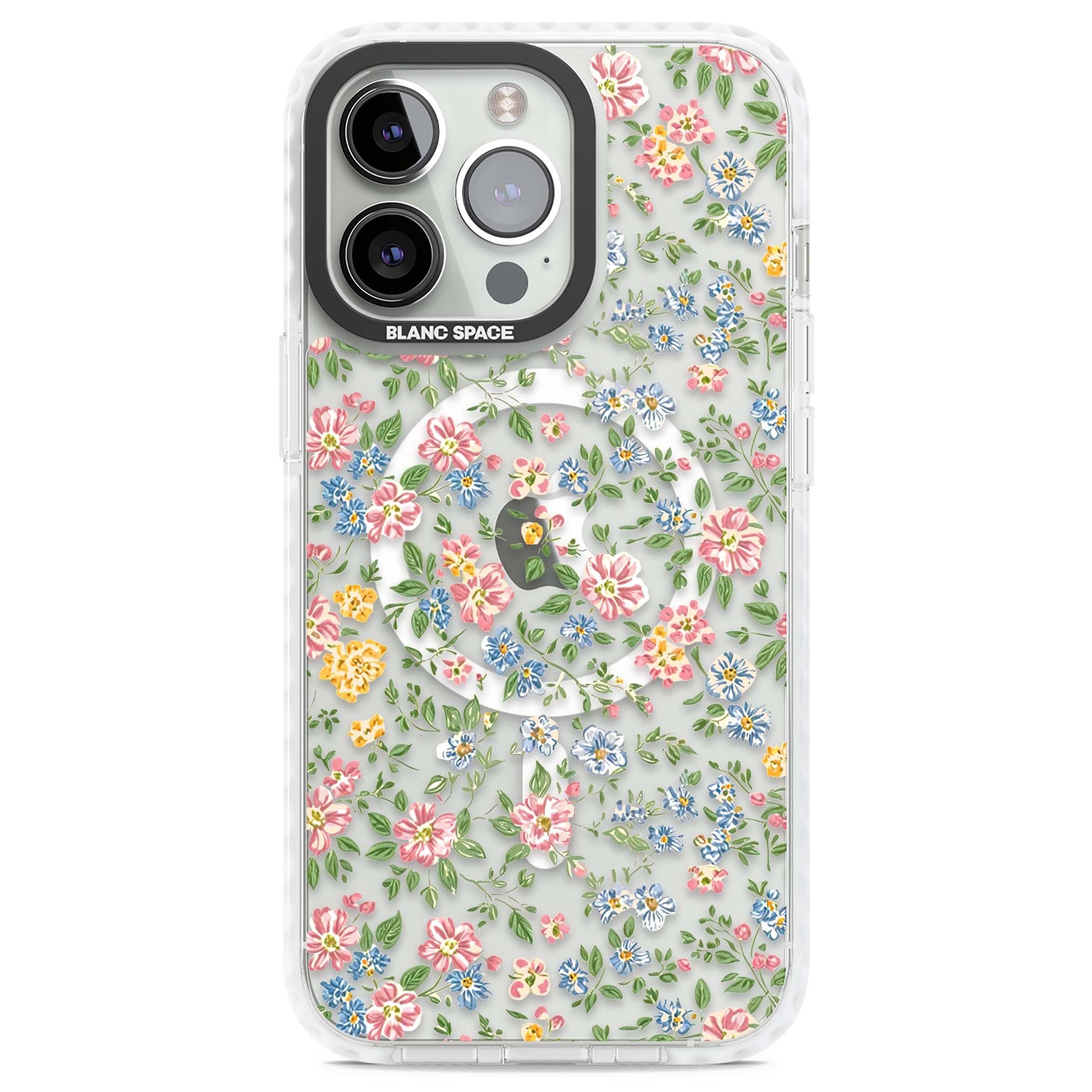 Soft Meadow cottagecore iPhone case featuring pink cosmos, blue forget-me-nots, yellow buttercups and green leaves sca | Impact Magsafe case for iPhone 13 Pro, iPhone 14 Pro, iPhone 15 Pro