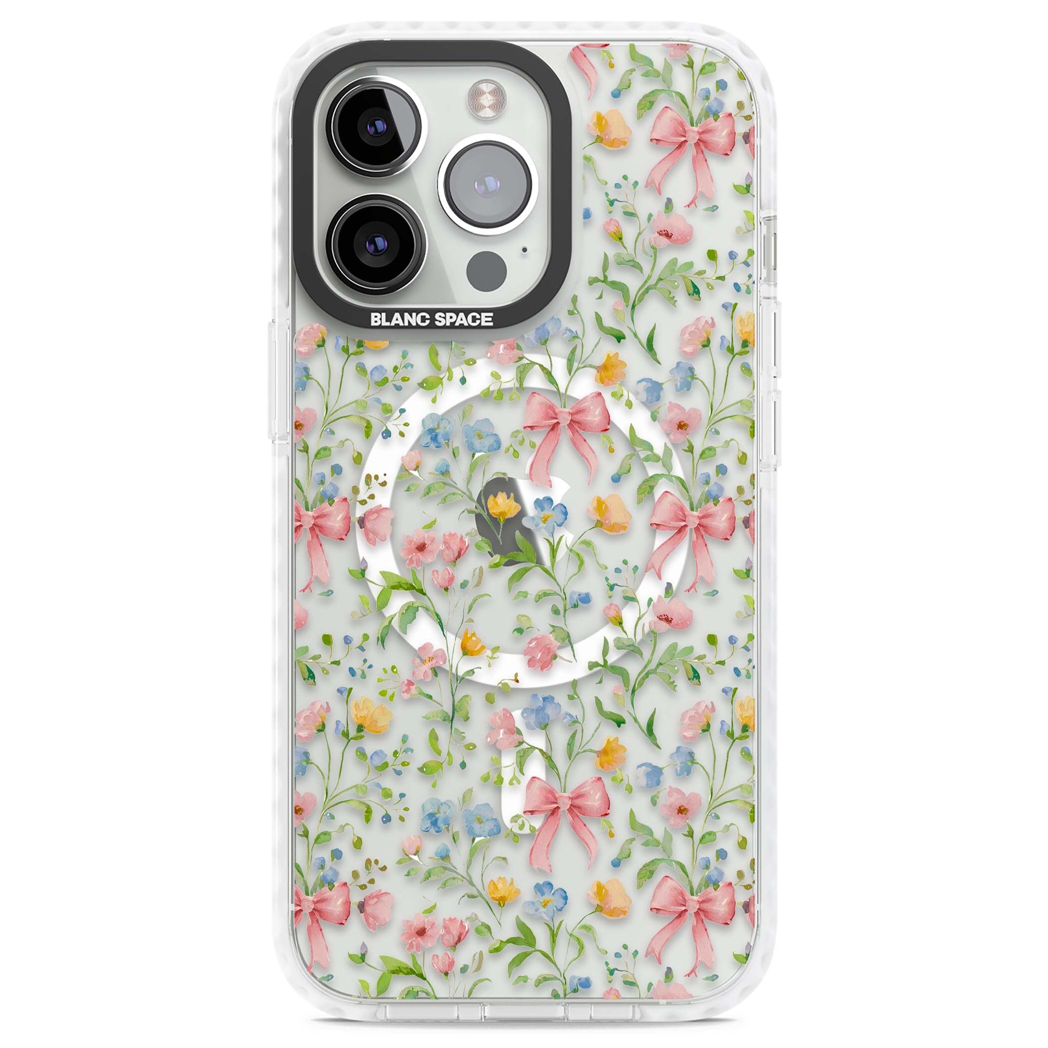 Ribbons & Wildflowers cottagecore iPhone case featuring watercolor wildflowers, pink satin bows, and delicate spring blooms o | Impact Magsafe case for iPhone 13 Pro, iPhone 14 Pro, iPhone 15 Pro