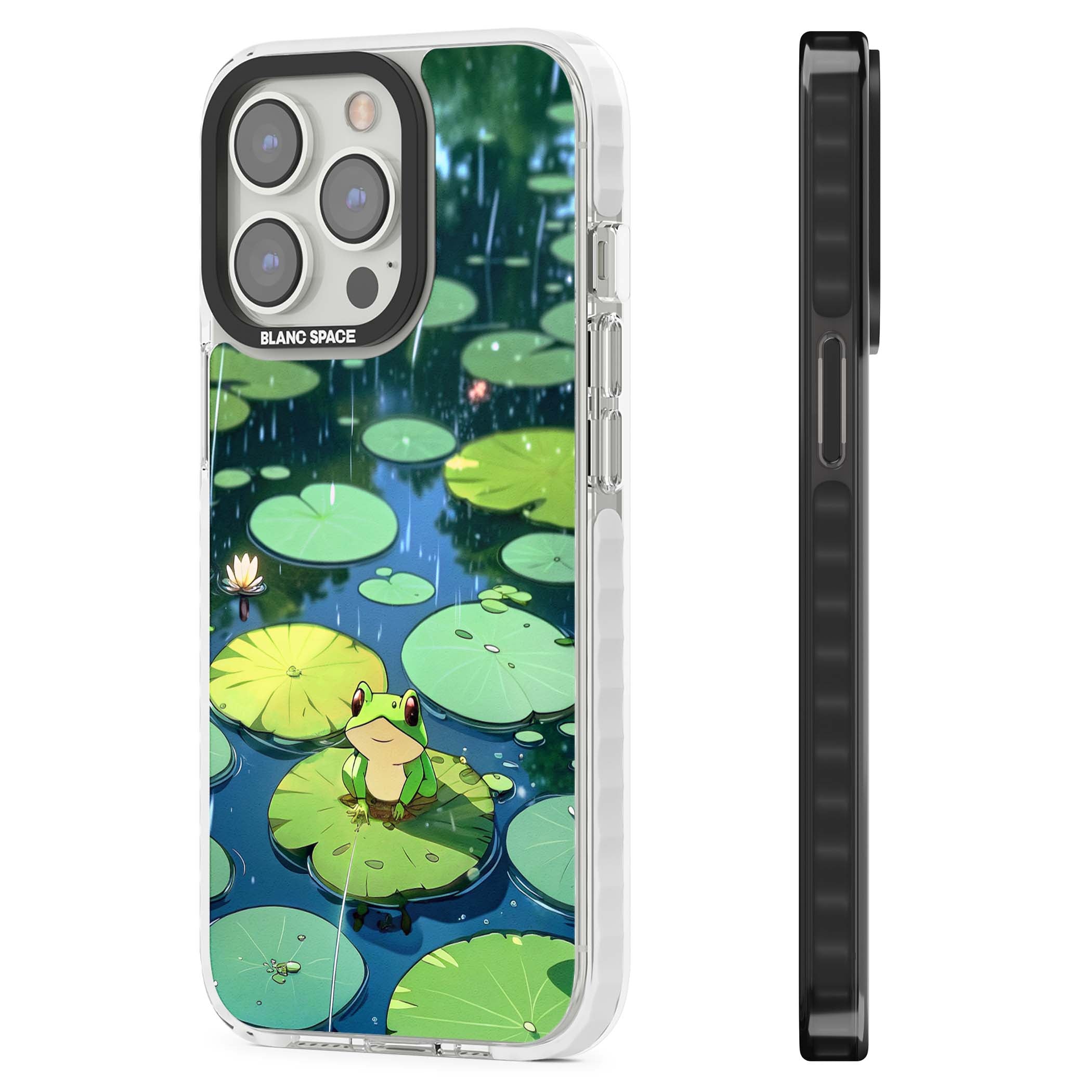 Frog In Lily Pond cottagecore iPhone case featuring a cute green frog on a lily pad with falling rain and a lotus flower | Impact Magsafe case for iPhone 13 Pro, iPhone 14 Pro, iPhone 15 Pro