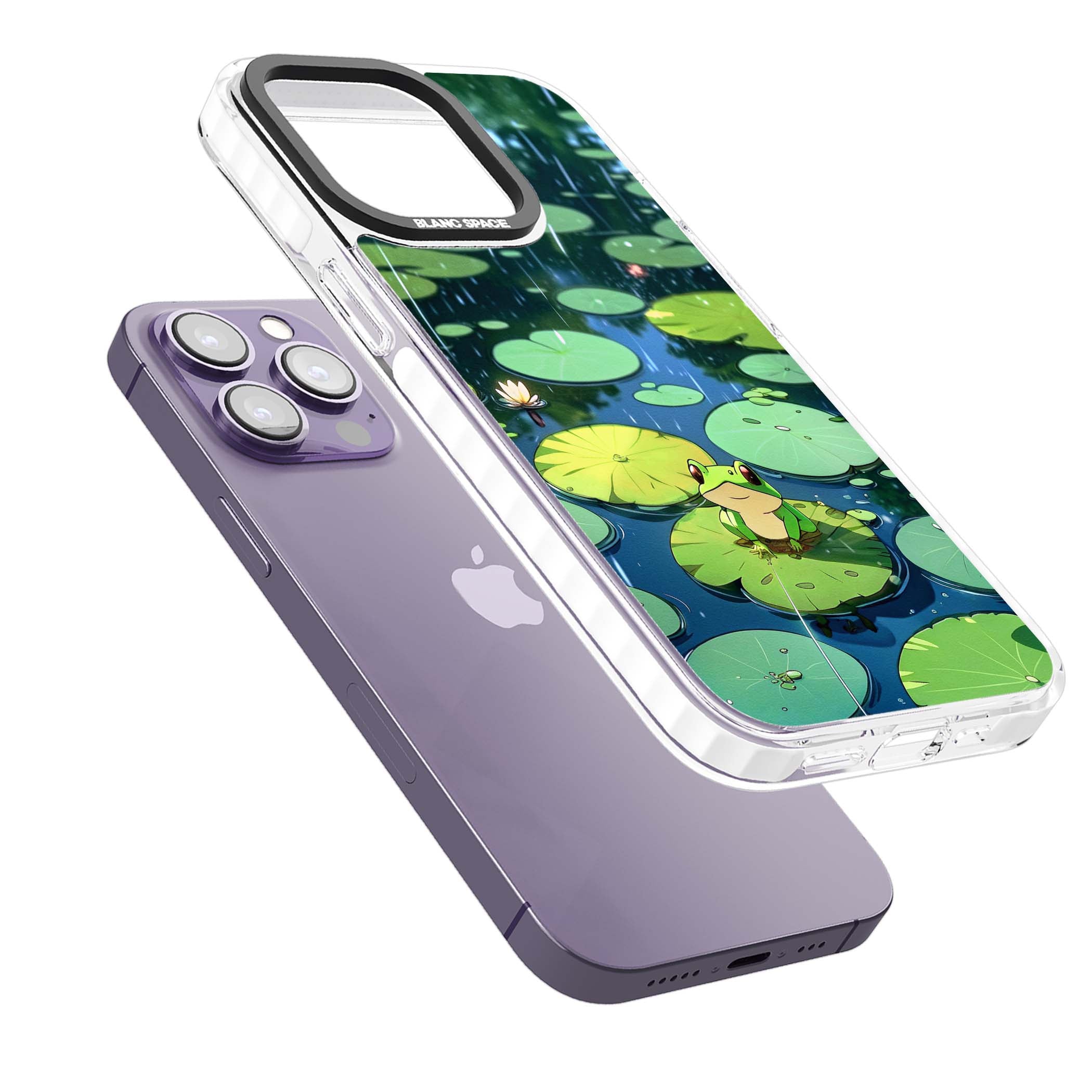 Frog In Lily Pond cottagecore iPhone case featuring a cute green frog on a lily pad with falling rain and a lotus flower | Impact Magsafe case for iPhone 13 Pro, iPhone 14 Pro, iPhone 15 Pro