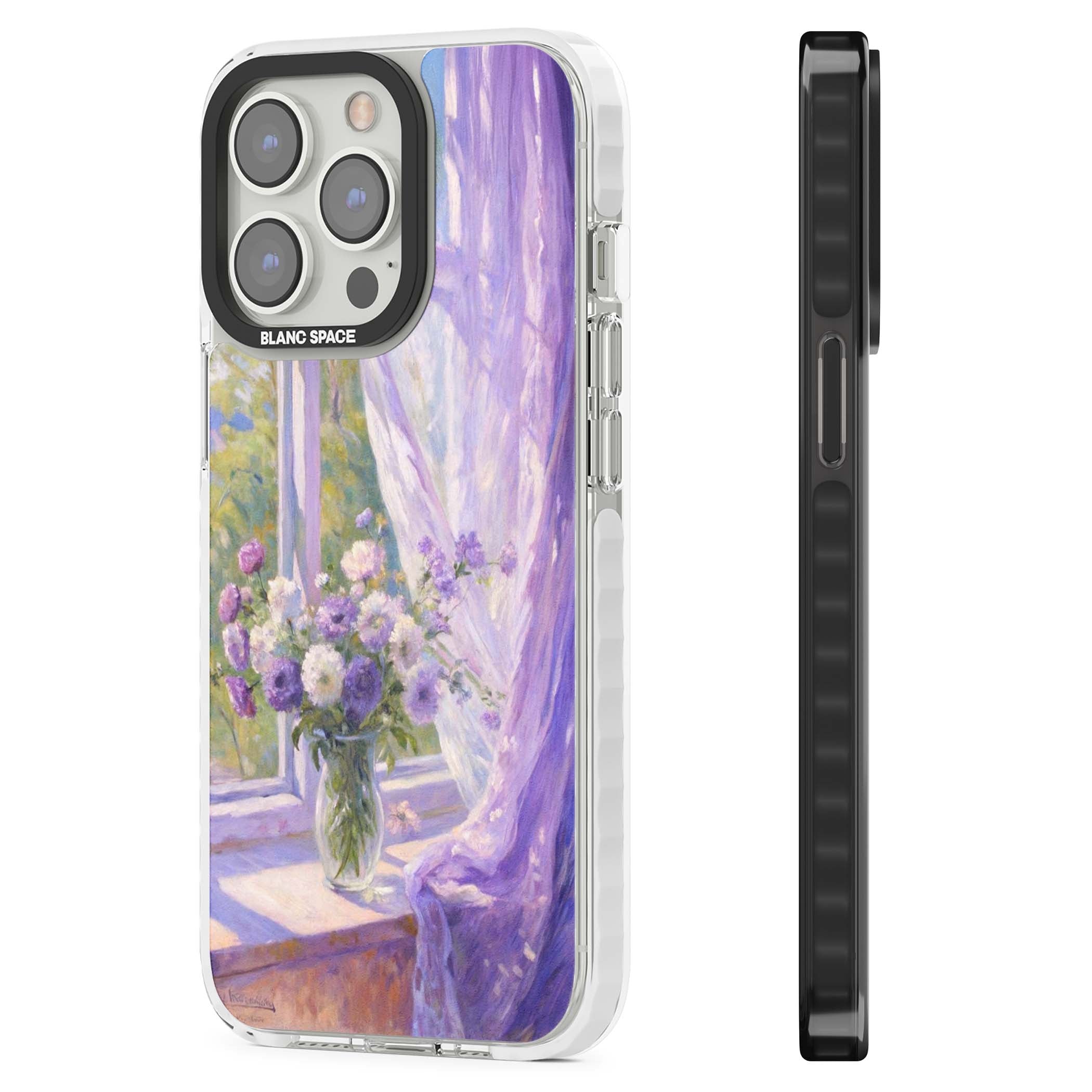 A Provence Morning impressionist art iPhone case featuring a vase of purple flowers, sunlit window and sheer curt | Impact Magsafe case for iPhone 13 Pro, iPhone 14 Pro, iPhone 15 Pro