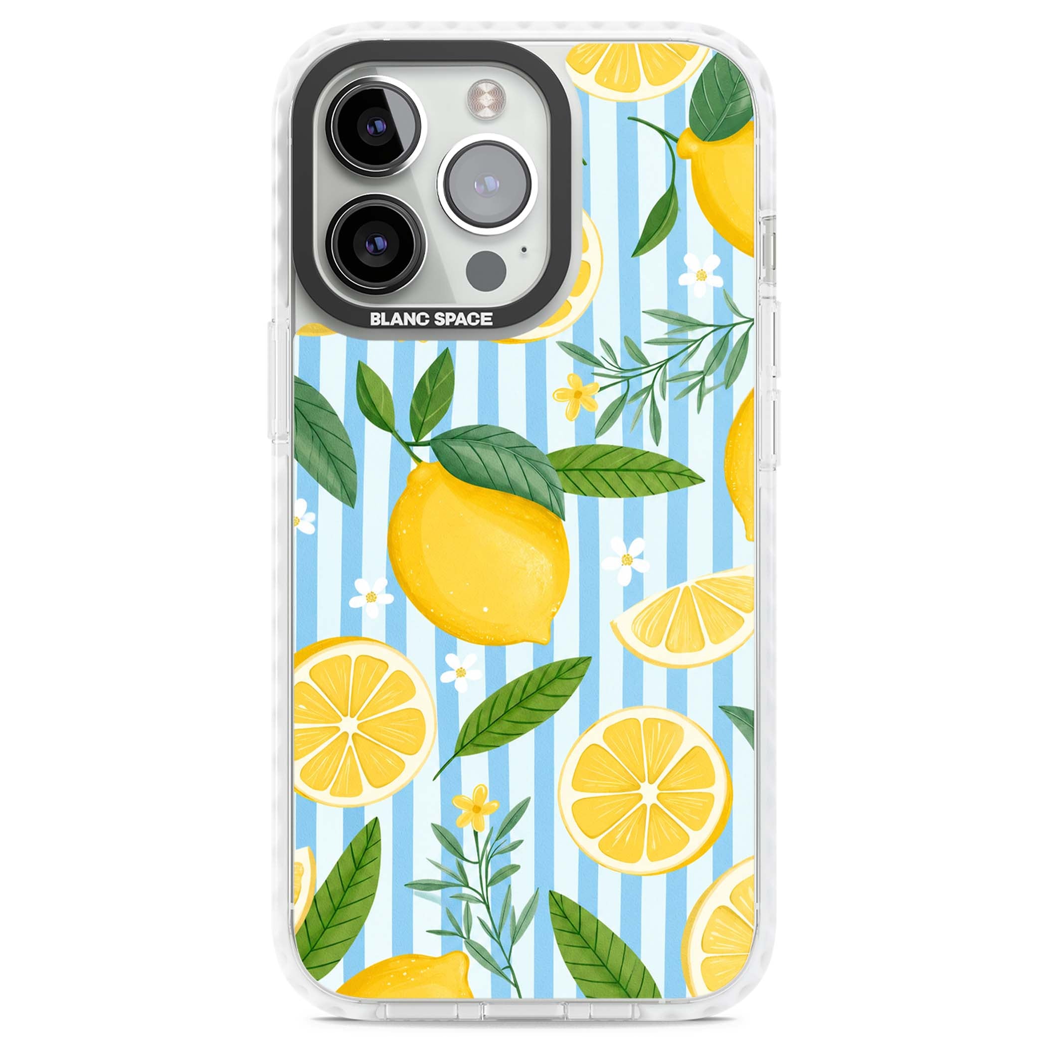 Capri Citrus Stripe coastal iPhone case featuring yellow lemons, blue stripes, and white daisy blossoms | Impact Magsafe case for iPhone 13 Pro, iPhone 14 Pro, iPhone 15 Pro