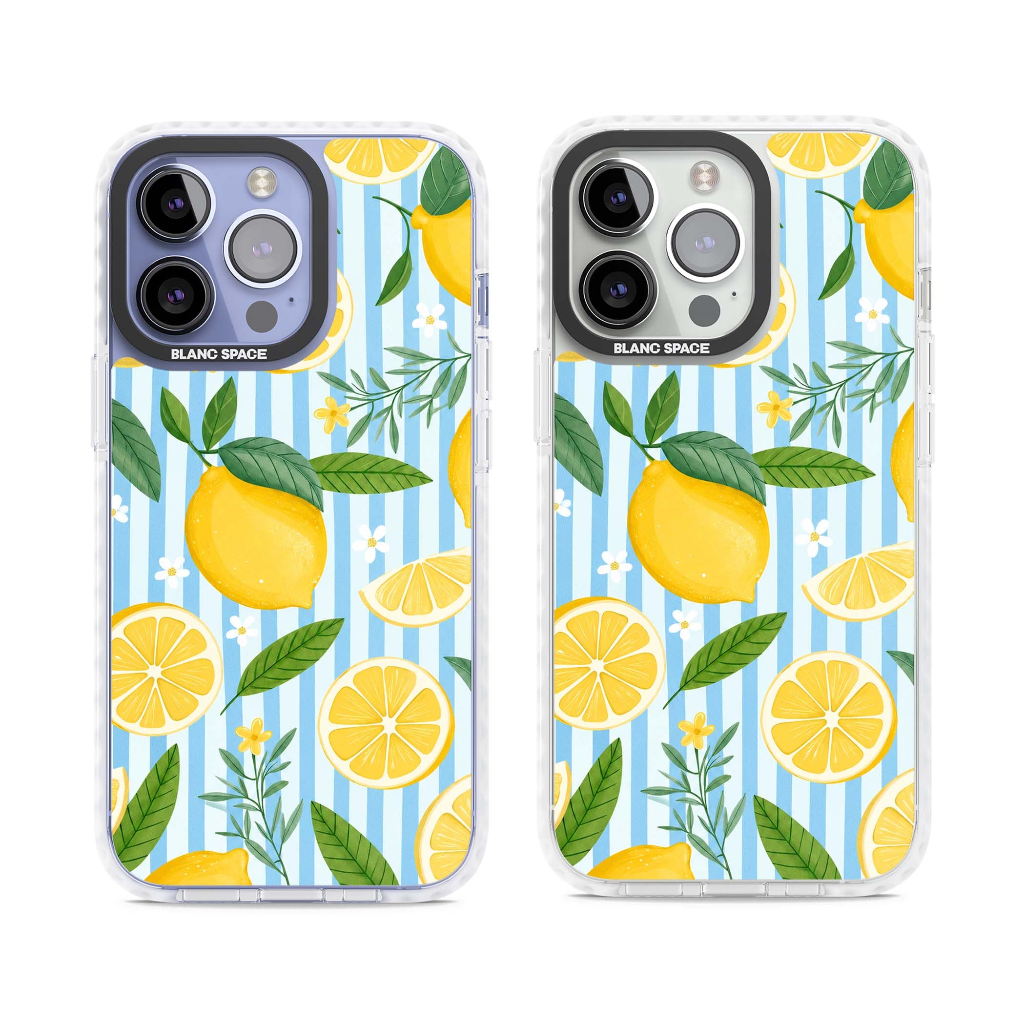 Capri Citrus Stripe coastal iPhone case featuring yellow lemons, blue stripes, and white daisy blossoms | Impact Magsafe case for iPhone 13 Pro, iPhone 14 Pro, iPhone 15 Pro