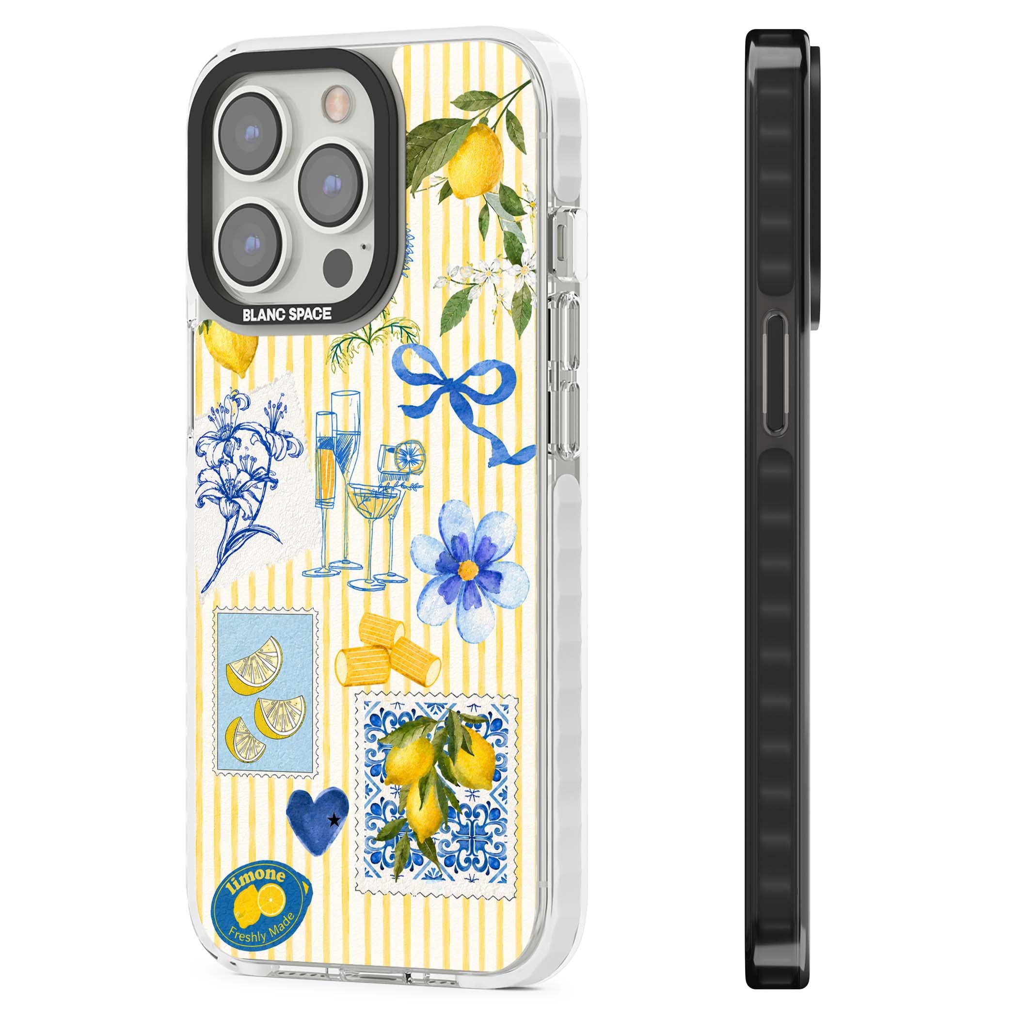 Limone Riviera Italian summer iPhone case featuring watercolour lemons, blue ribbon bows and majolica tile stamps on... | Impact Magsafe case for iPhone 13 Pro, iPhone 14 Pro, iPhone 15 Pro