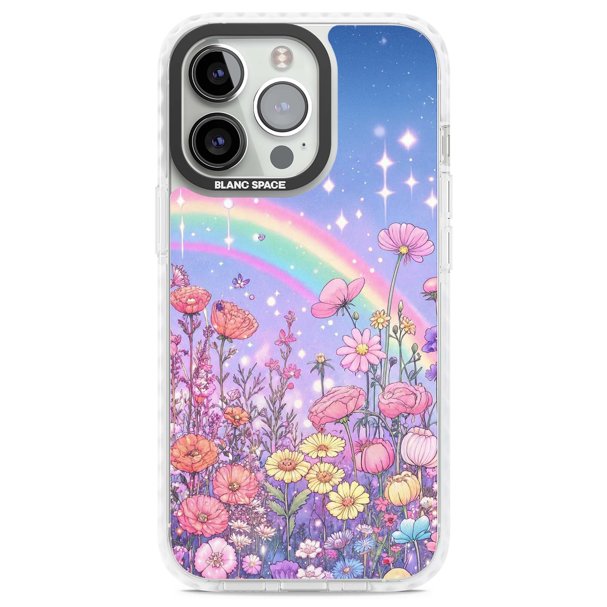 Magical Meadow fairycore iPhone case featuring a pastel rainbow, sparkling stars and a wildflower meadow | Impact Magsafe case for iPhone 13 Pro, iPhone 14 Pro, iPhone 15 Pro