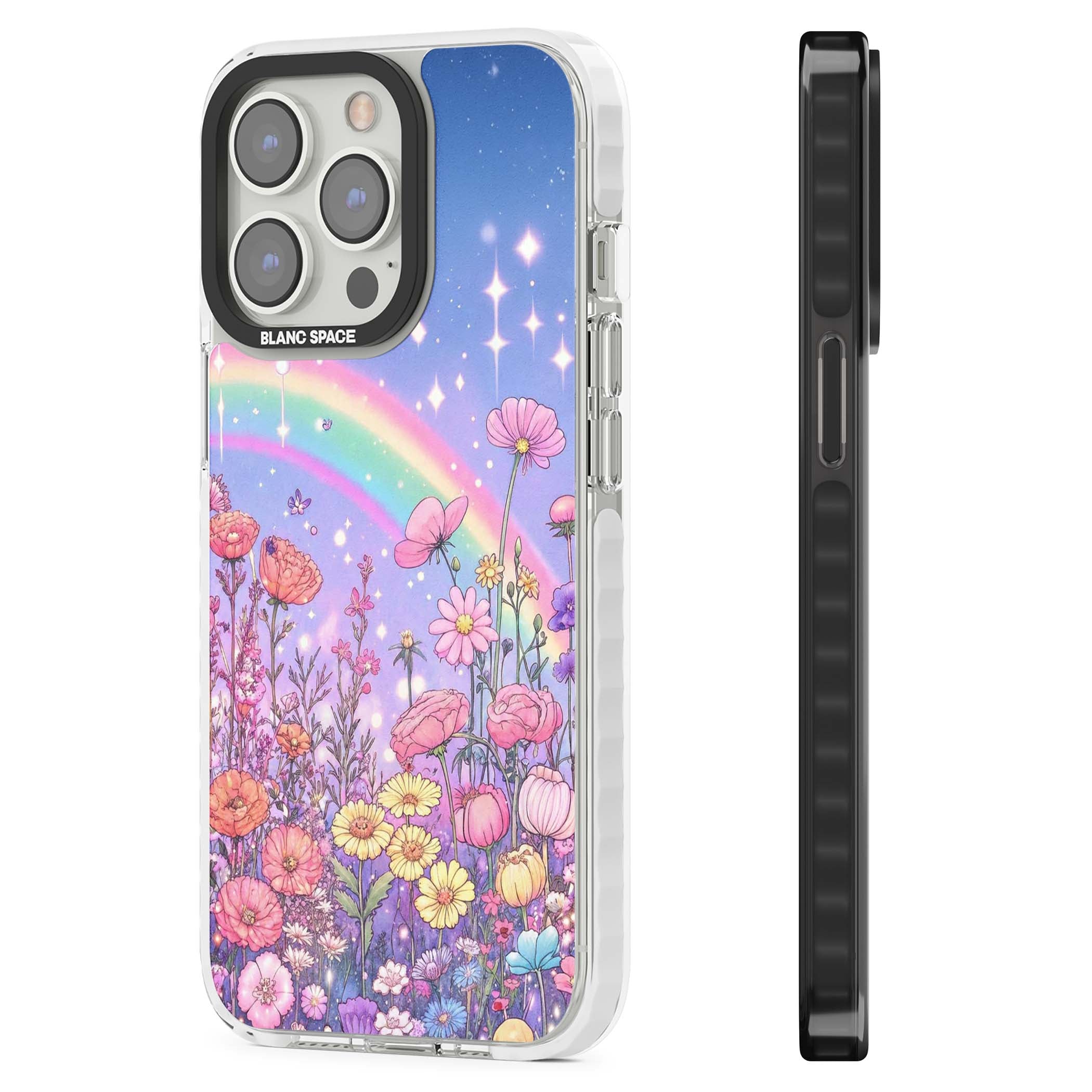 Magical Meadow fairycore iPhone case featuring a pastel rainbow, sparkling stars and a wildflower meadow | Impact Magsafe case for iPhone 13 Pro, iPhone 14 Pro, iPhone 15 Pro
