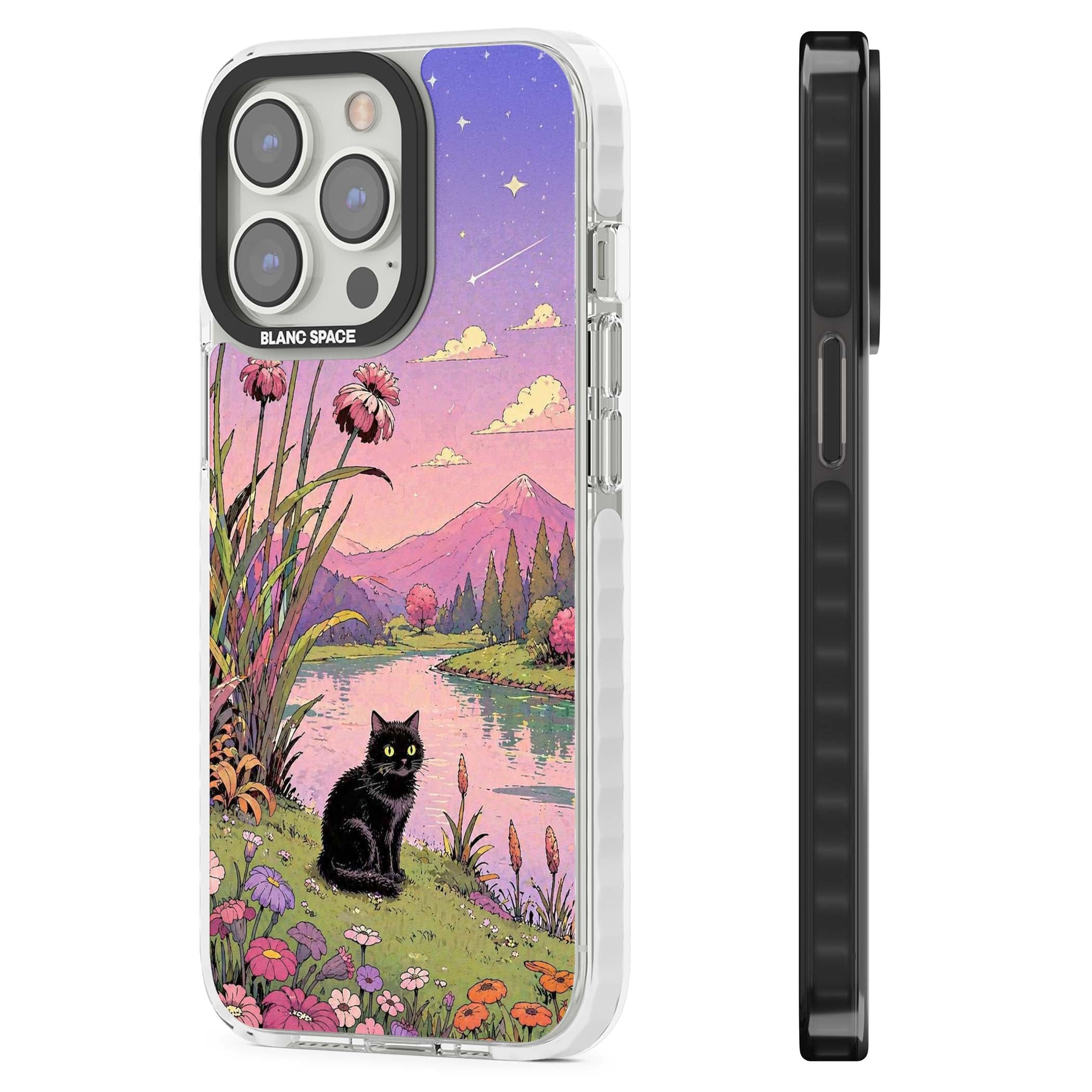 Mystic Whiskers ghibli iPhone case featuring a black cat by a pastel lake, wildflowers and a starry sunset sky | Impact Magsafe case for iPhone 13 Pro, iPhone 14 Pro, iPhone 15 Pro