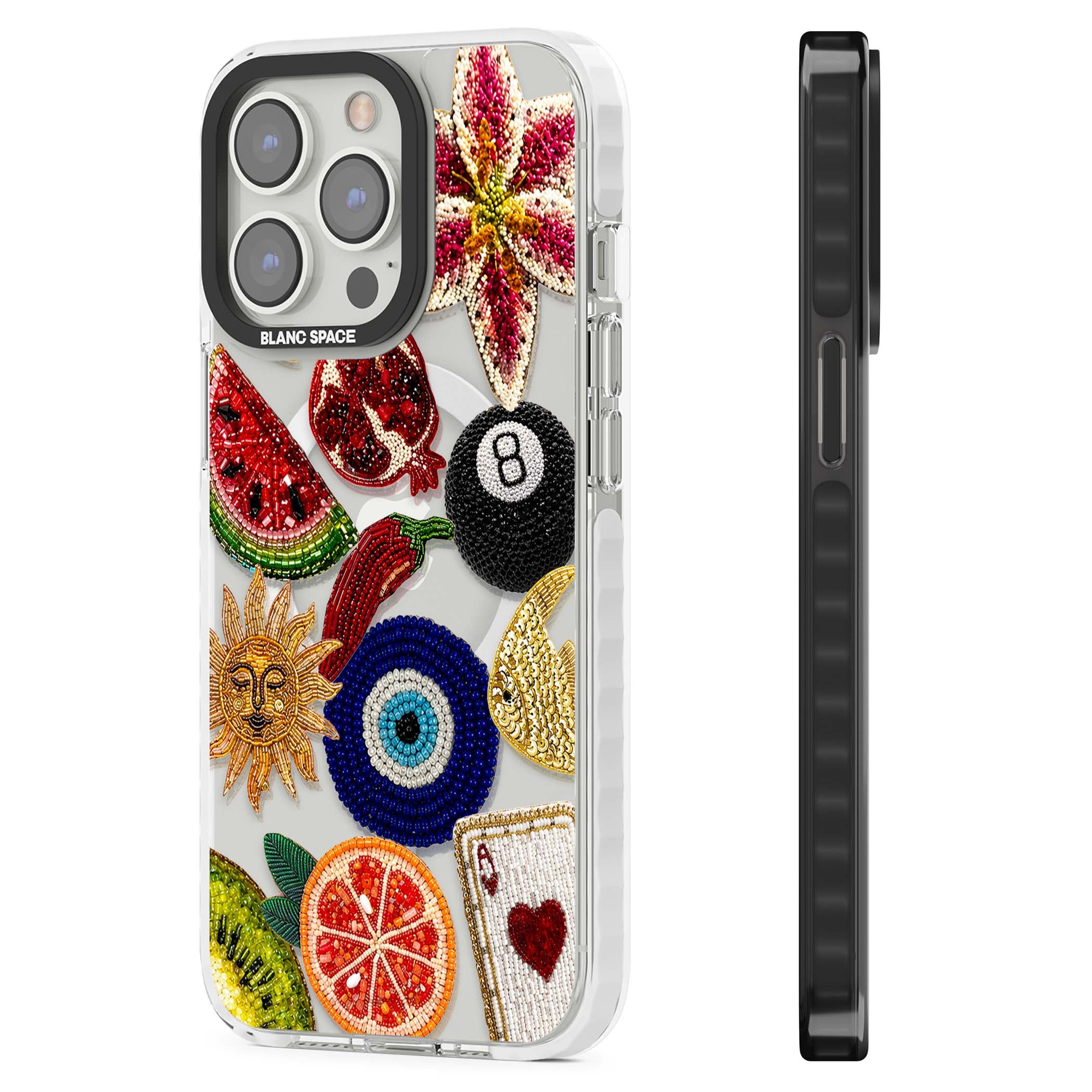 Beaded Charms embroidery iPhone case featuring beaded evil eye, fruit patches and a golden sun motif | Impact Magsafe case for iPhone 13 Pro, iPhone 14 Pro, iPhone 15 Pro