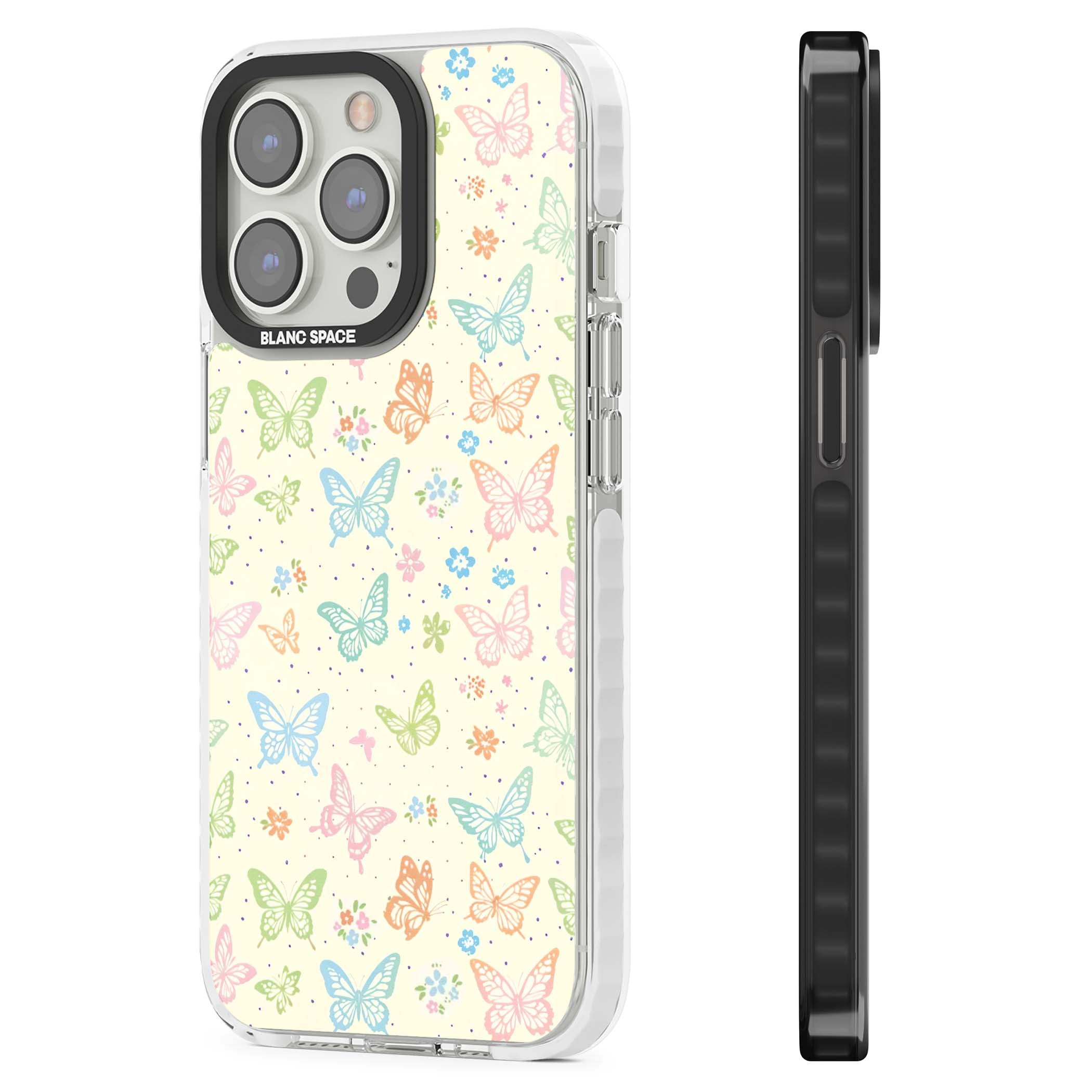 Sugar Wings cottagecore iPhone case featuring rainbow pastel butterflies, tiny wildflowers, and a cream background | Impact Magsafe case for iPhone 13 Pro, iPhone 14 Pro, iPhone 15 Pro